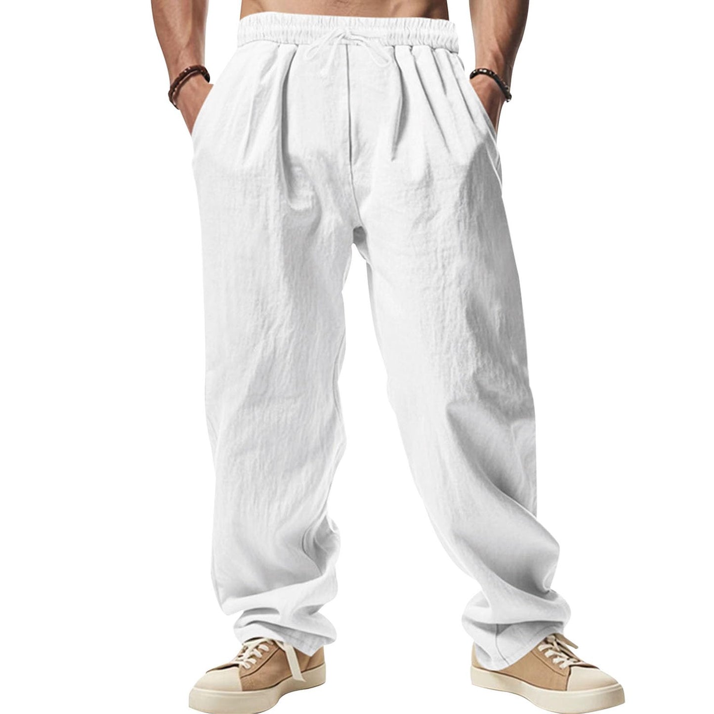 GYMTSL Mens Linen Pants Drawstring Baggy Casual Summer Trousers Straight-Legs Elastic Waist Beach Pants with Pockets