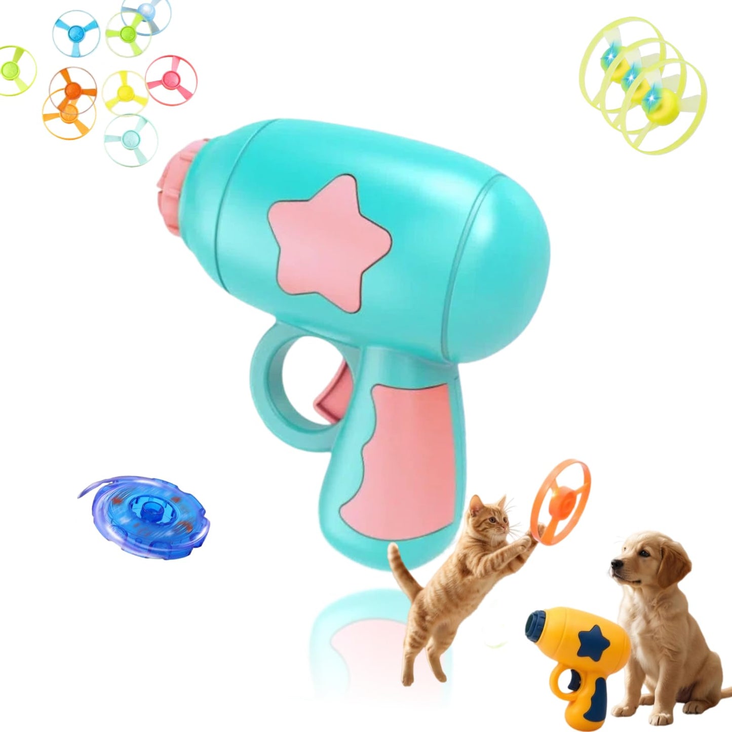 Kribee Cat Toy Disc Launcher, Interactive Cat Fetch Toys, Indoor Pet Bonding Play, Battery-Free Flying Propellers Chasing Toy, for Weight Loss & Exercise, Burn Energy & Relieve Anxiety (Pink)