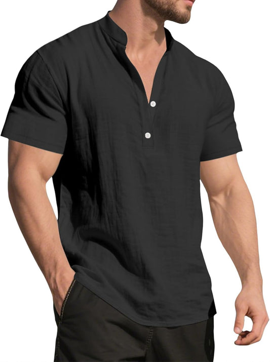 GYMBULL Linen Shirts for Men Fashion Solid Color Beach Summer Tops Casual Stand Collar Button Down Short Sleeve Henley Shirt