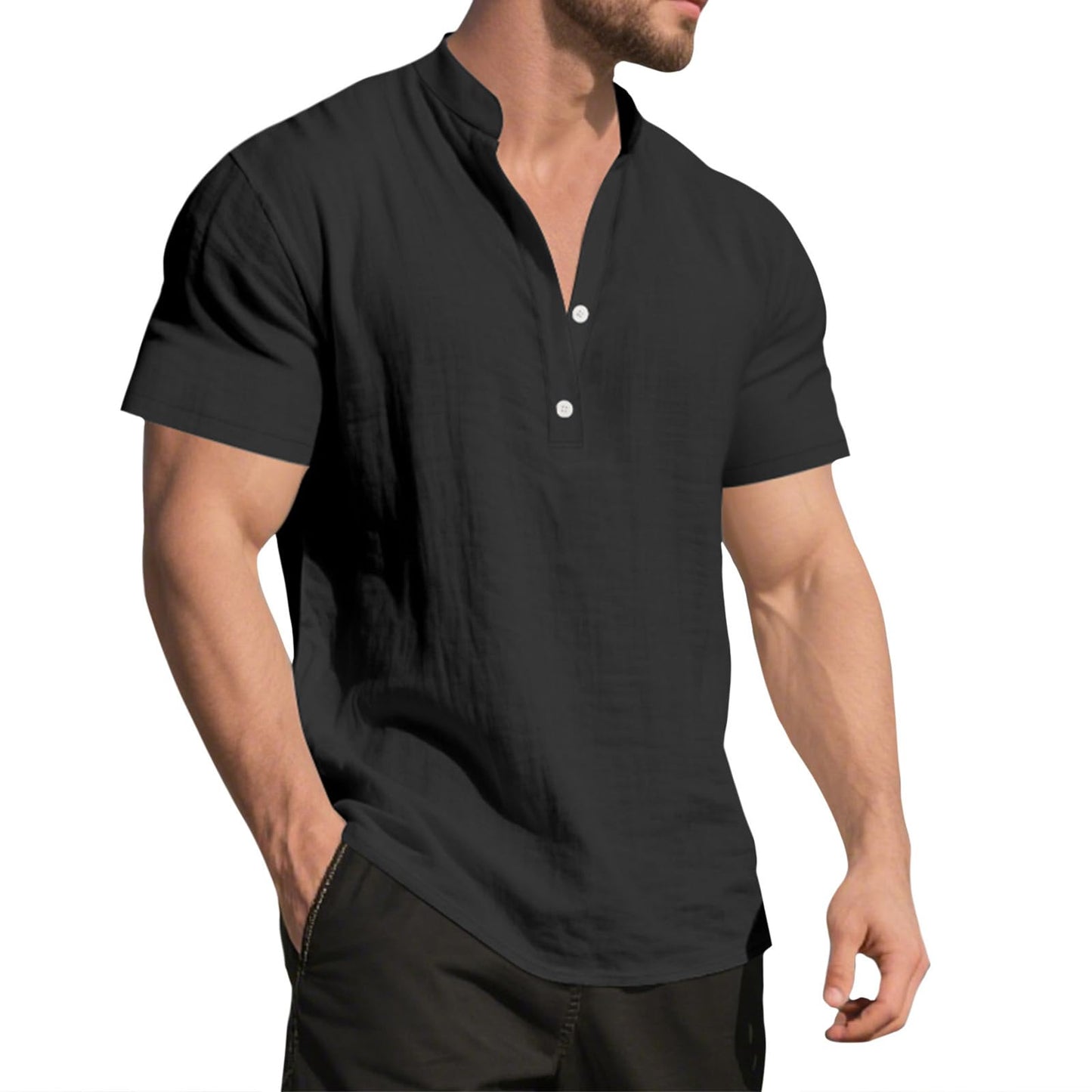 GYMBULL Linen Shirts for Men Fashion Solid Color Beach Summer Tops Casual Stand Collar Button Down Short Sleeve Henley Shirt