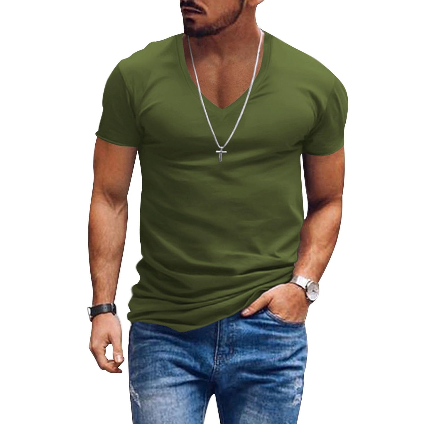 Alivebody Mens T Shirts Solid Color Deep V Neck Basic Muscle Fit Tee Muscle Slim Fit Low Cut Stretch Soft Lightweight Tshirt