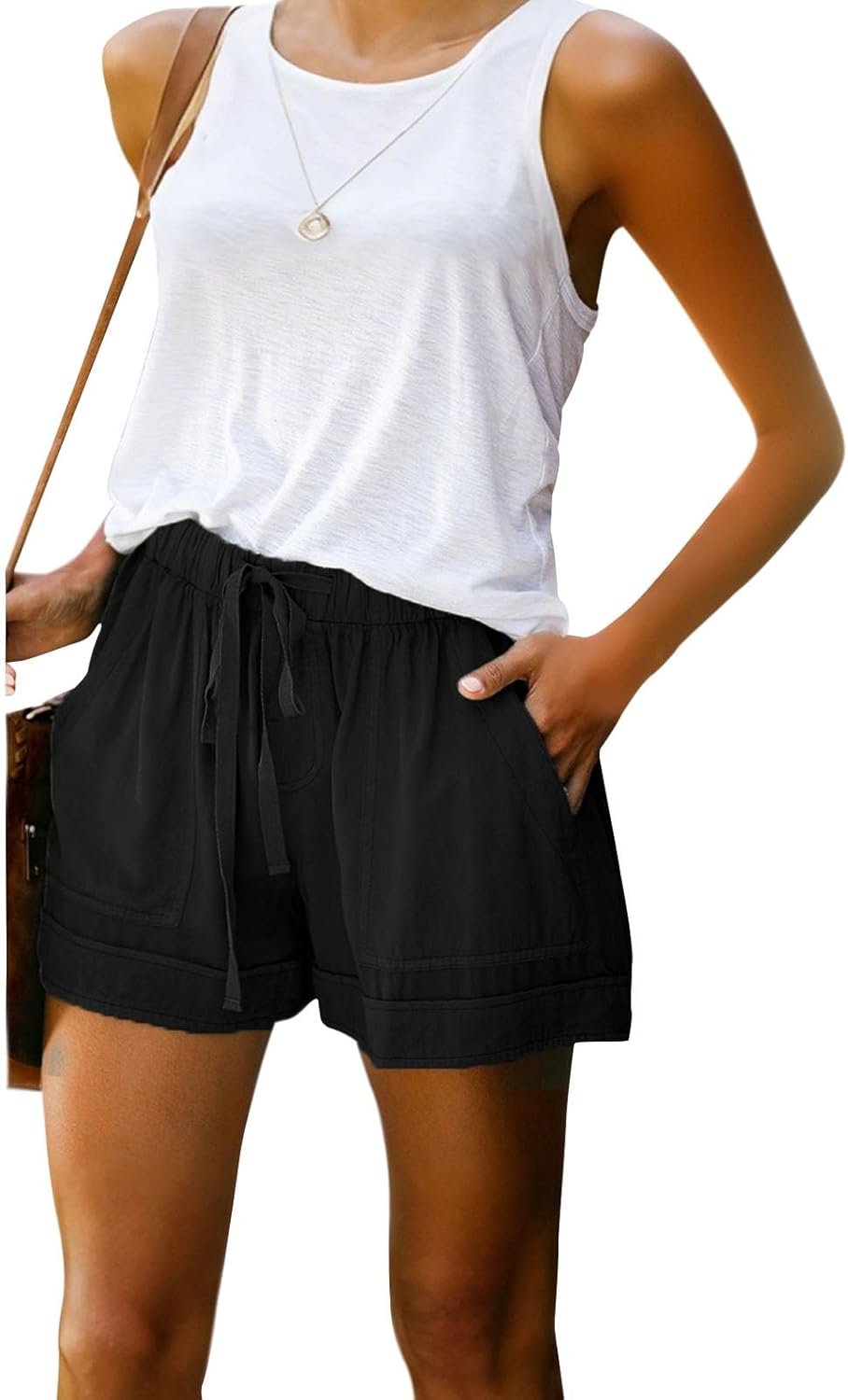 GYMBULL Womens Summer Casual Shorts Fashion Drawstring Elastic Waist Solid Color Comfy Soft Shorts with Pockets