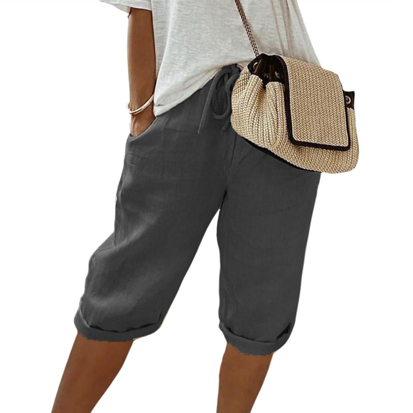 FONDBERYL Womens Cotton Linen Shorts Knee Length Drawstring Elastic Waist Summer Casual Gym Going Out Shorts with Pockets