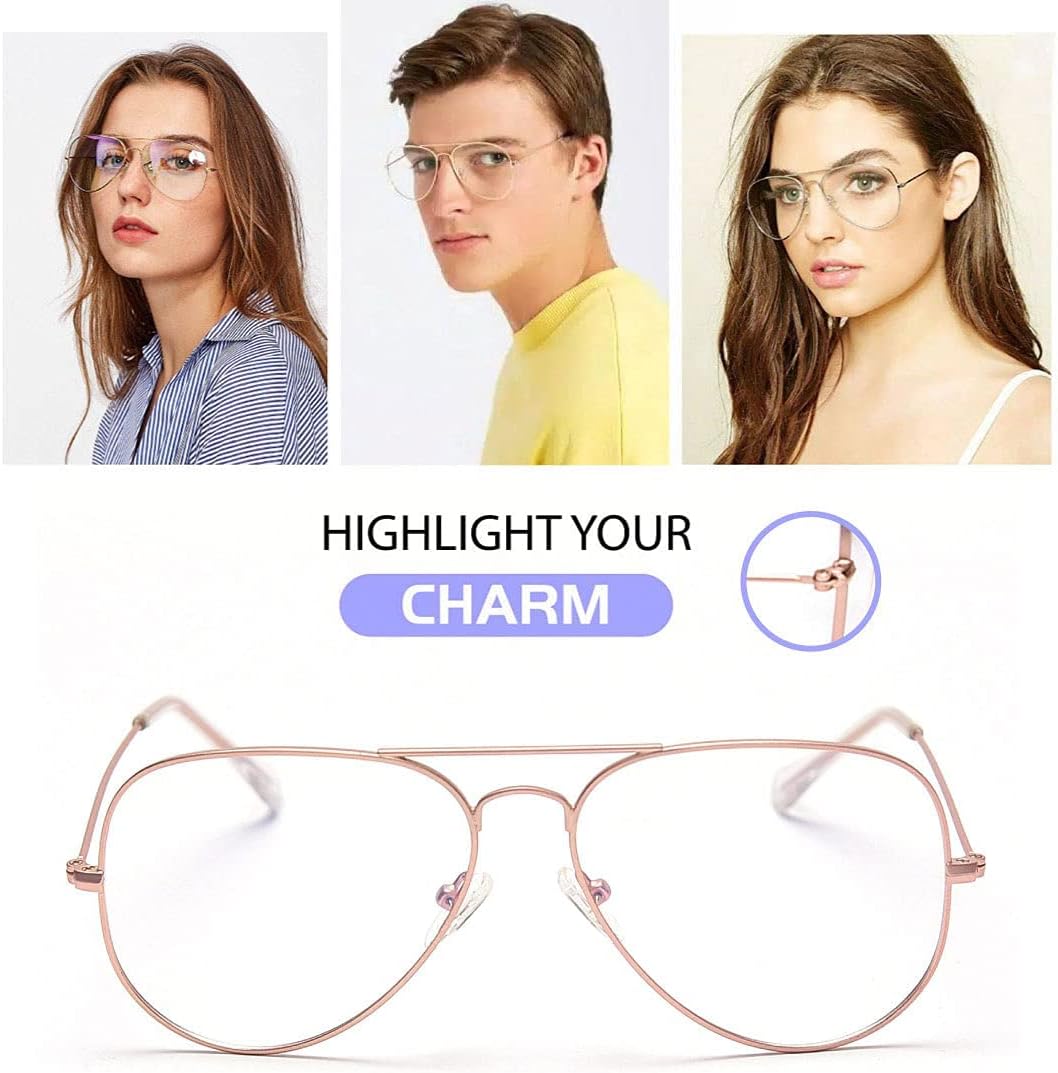 JiffPom Clear Lens Glasses Metal Frame Blue Light Blocking Eyeglasses for Women Men Non-prescription
