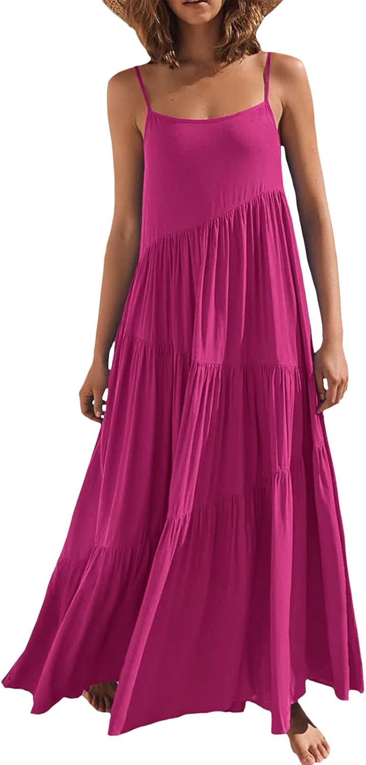 Bejirog Summer Spaghetti Strap Maxi Dress for Women, Tiered Ruffle Vacation Beach Square Neck Long Flowy Cami Sun Dress