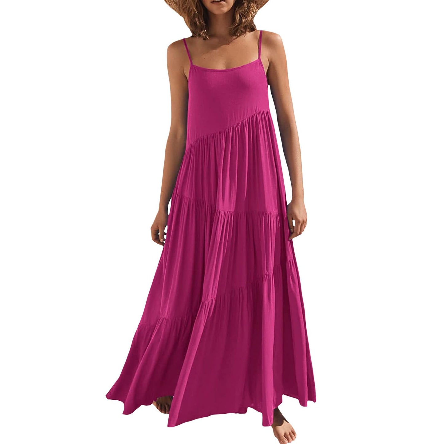 Bejirog Summer Spaghetti Strap Maxi Dress for Women, Tiered Ruffle Vacation Beach Square Neck Long Flowy Cami Sun Dress