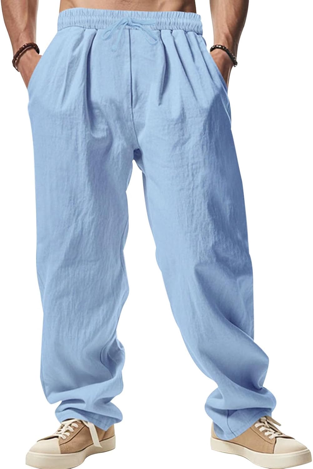 GYMTSL Mens Linen Pants Drawstring Baggy Casual Summer Trousers Straight-Legs Elastic Waist Beach Pants with Pockets