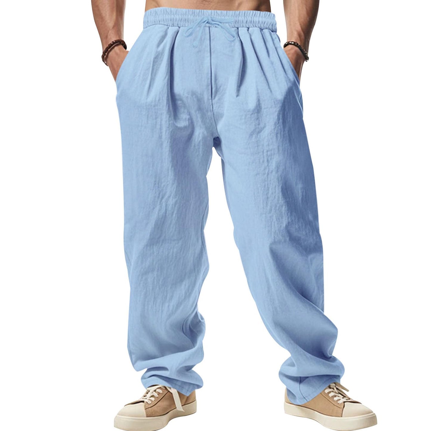 GYMTSL Mens Linen Pants Drawstring Baggy Casual Summer Trousers Straight-Legs Elastic Waist Beach Pants with Pockets