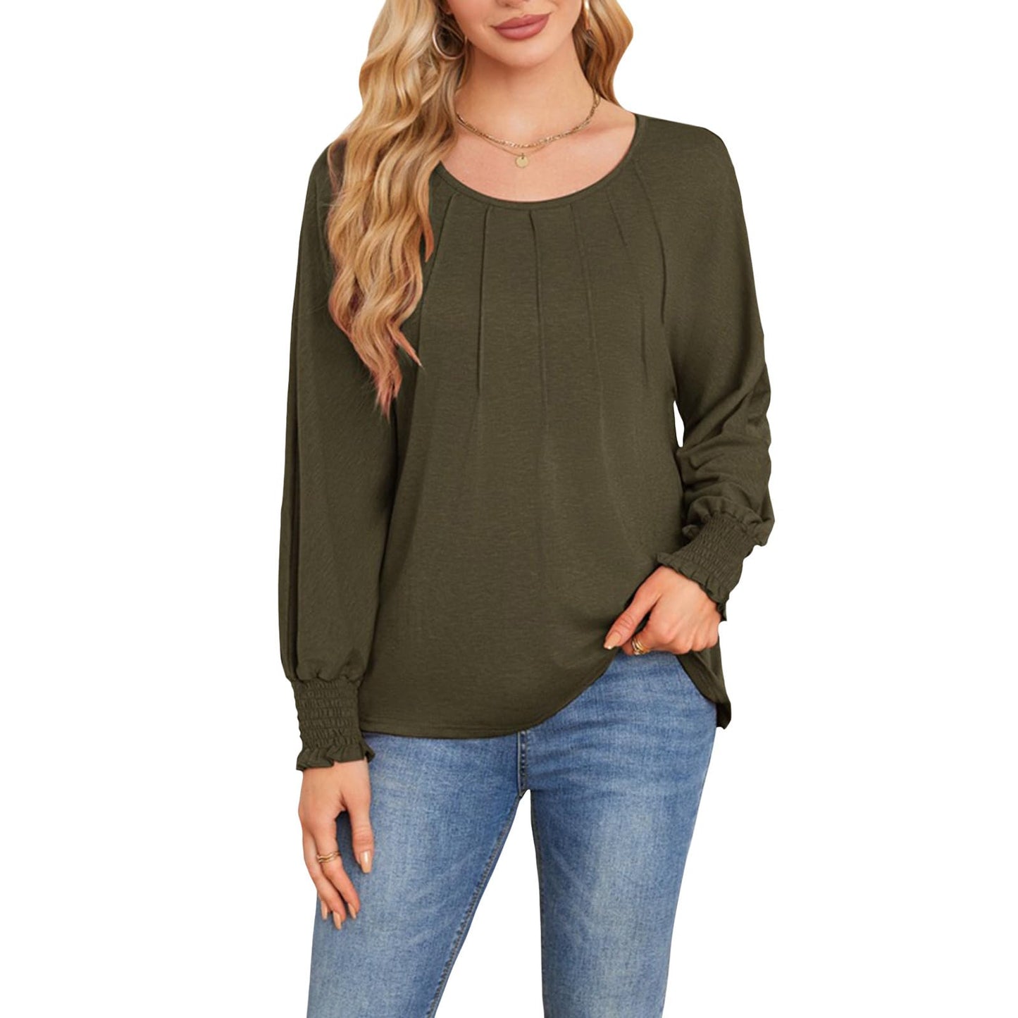 Befox Women's Pleated Tops, Crewneck Long Sleeve Blouse Tunic T-Shirt 2026 Spring Fall Trendy Casual Loose Pleated Shirts