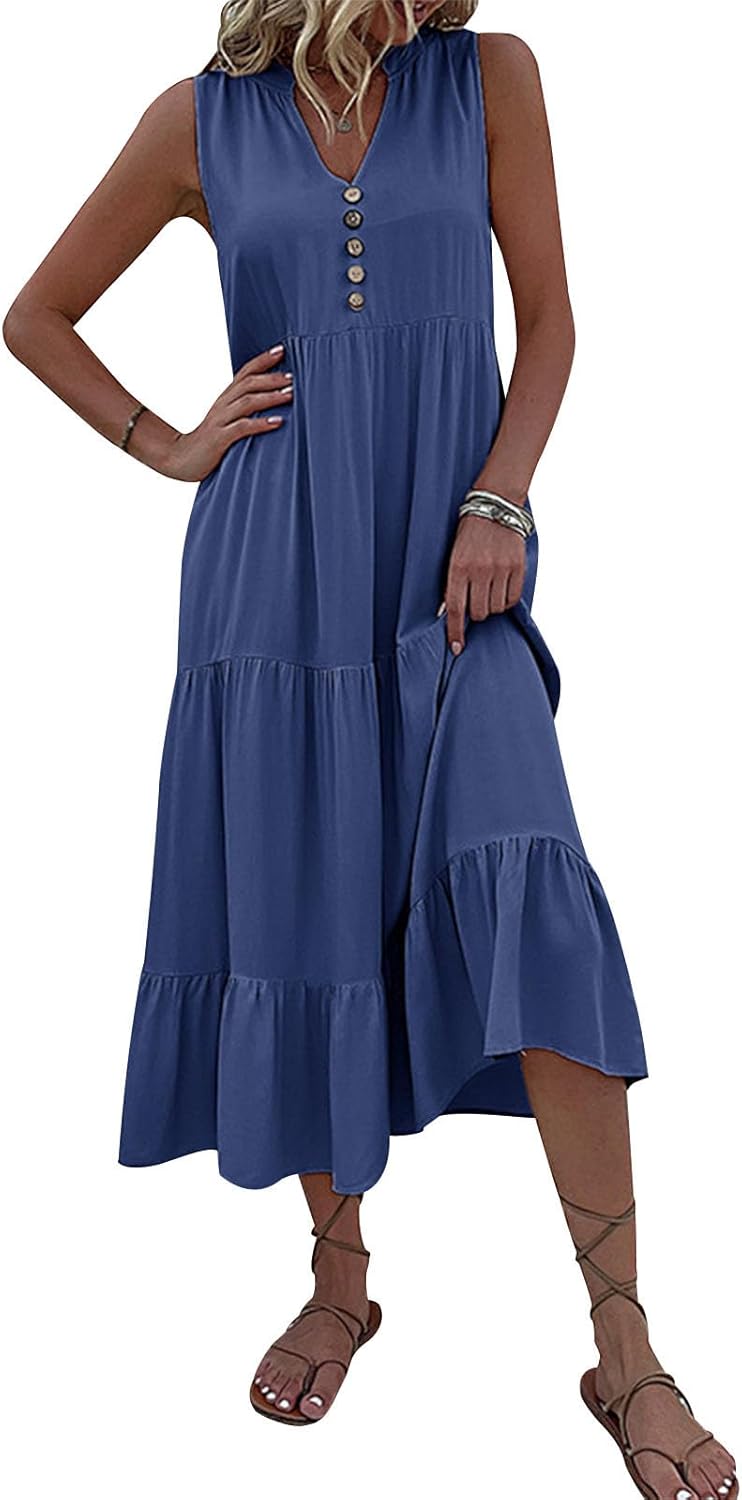 FONDBERYL Sleeveless Midi Dress for Women, V Neck Tank Dress with Tiered Ruffle Hem Flowy A Line Casual Spring Summer Dresses