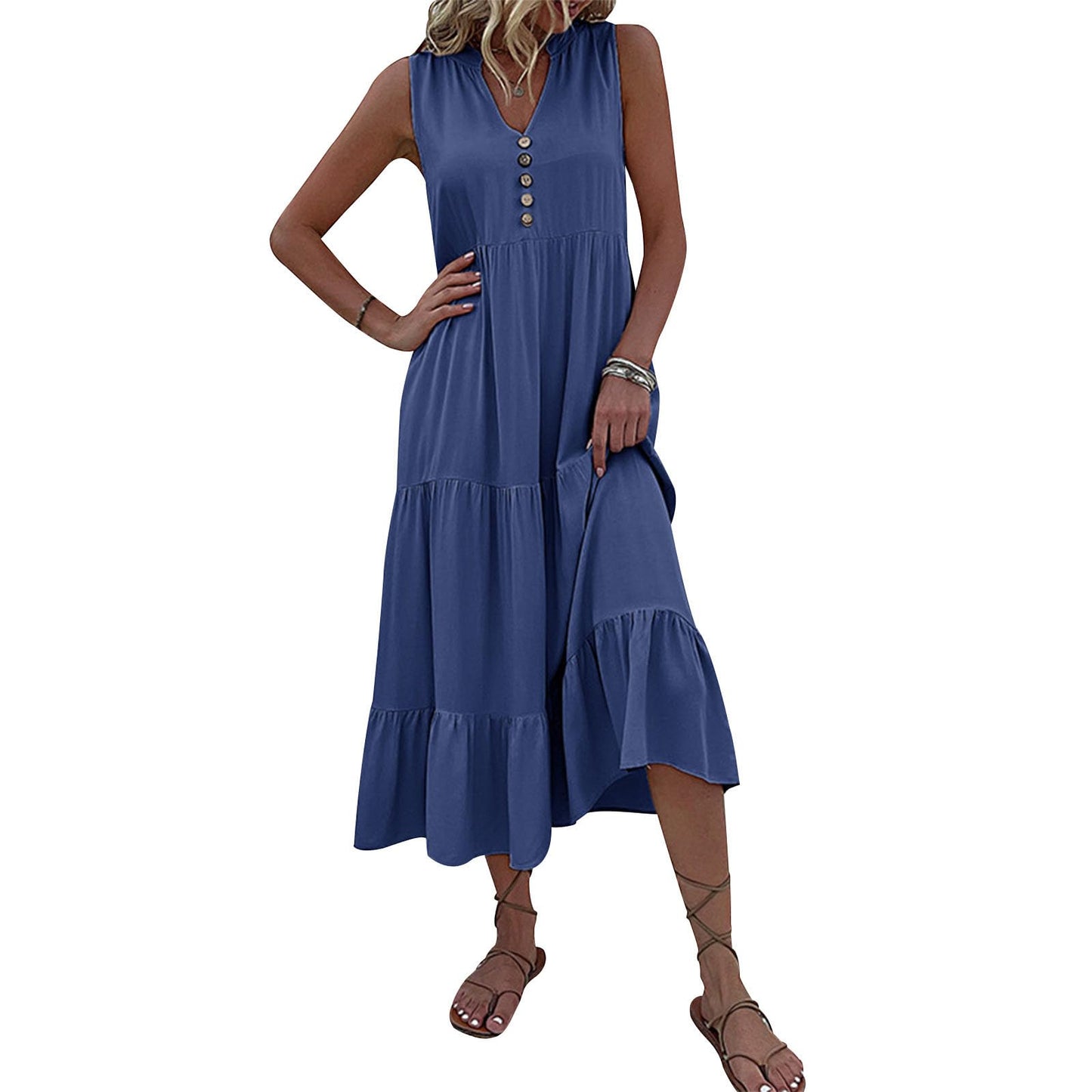 FONDBERYL Sleeveless Midi Dress for Women, V Neck Tank Dress with Tiered Ruffle Hem Flowy A Line Casual Spring Summer Dresses