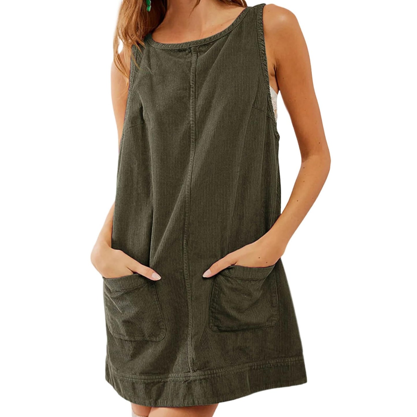 GYMDOG Casual Dresses for Women Corduroy Crewneck Tunic Sleeveless Pleated Loose Fit Work Mini Dress with Pockets