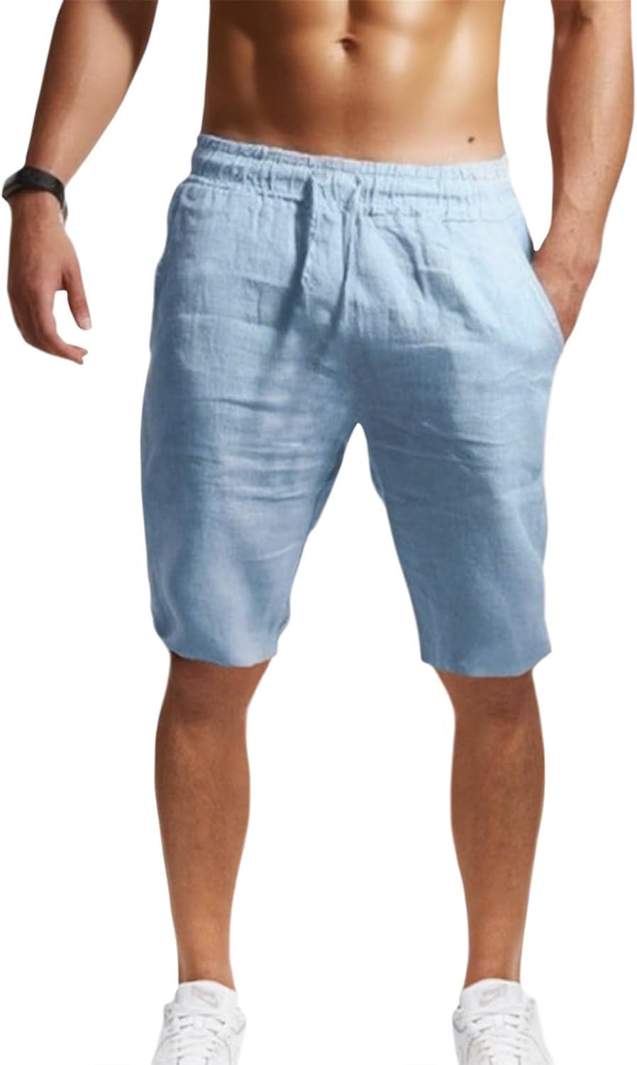 GYMTSL Mens Linen Shorts Casual Loose Fit Elastic Drawstring Waist Straight Leg Summer Beach Vacation Bermuda Shorts