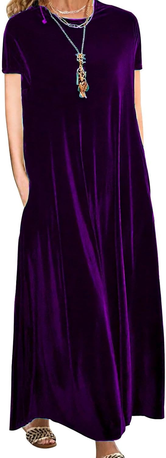 Embryform Velvet Dress for Women Spring Maxi Dress 2026 Plus Size Short Sleeve Velvet Casual Loose Elegant Crew Neck with Pocket