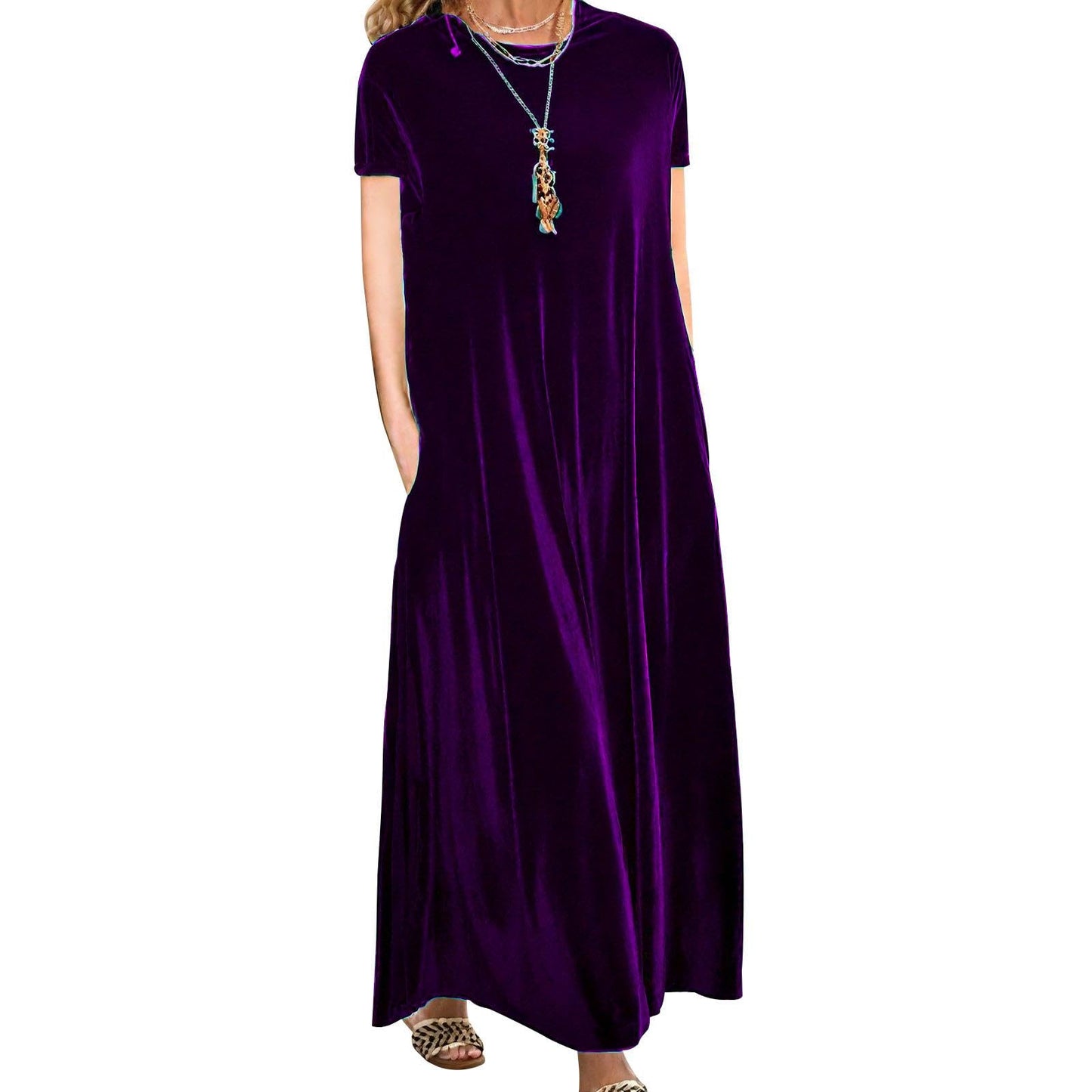 Embryform Velvet Dress for Women Spring Maxi Dress 2026 Plus Size Short Sleeve Velvet Casual Loose Elegant Crew Neck with Pocket
