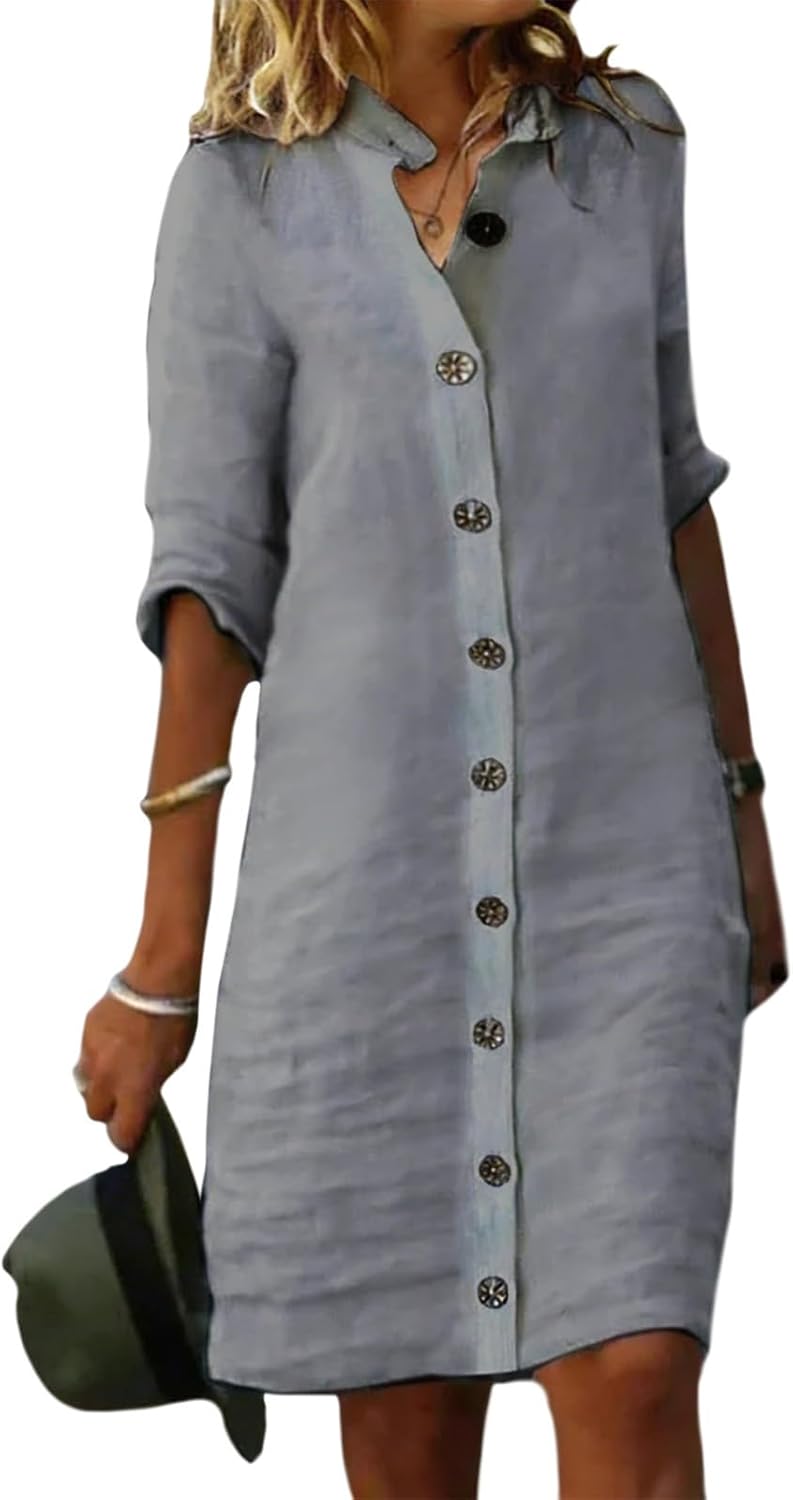 GYMTSL Linen Button Down Midi Shirt Dress for Women, Elbow Sleeve Knee Length Loose Casual Spring Summer Linen Button Dress