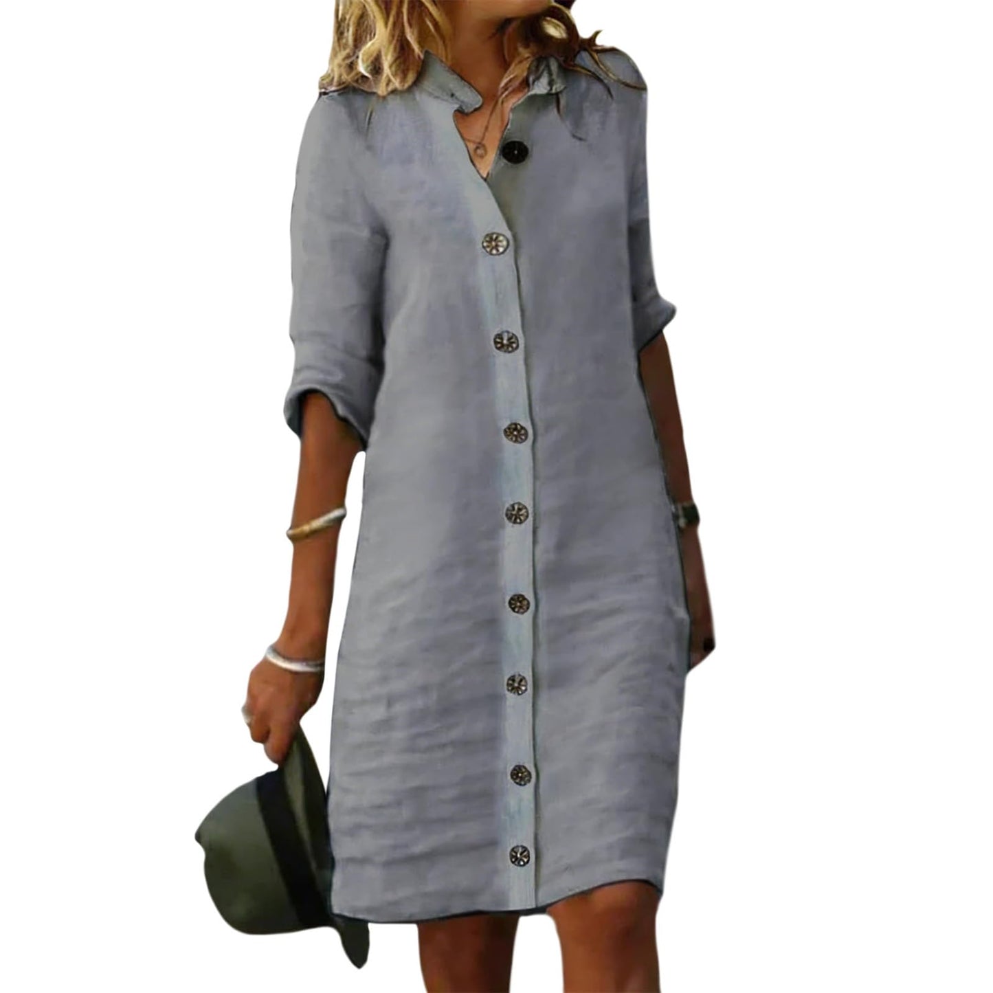 GYMTSL Linen Button Down Midi Shirt Dress for Women, Elbow Sleeve Knee Length Loose Casual Spring Summer Linen Button Dress
