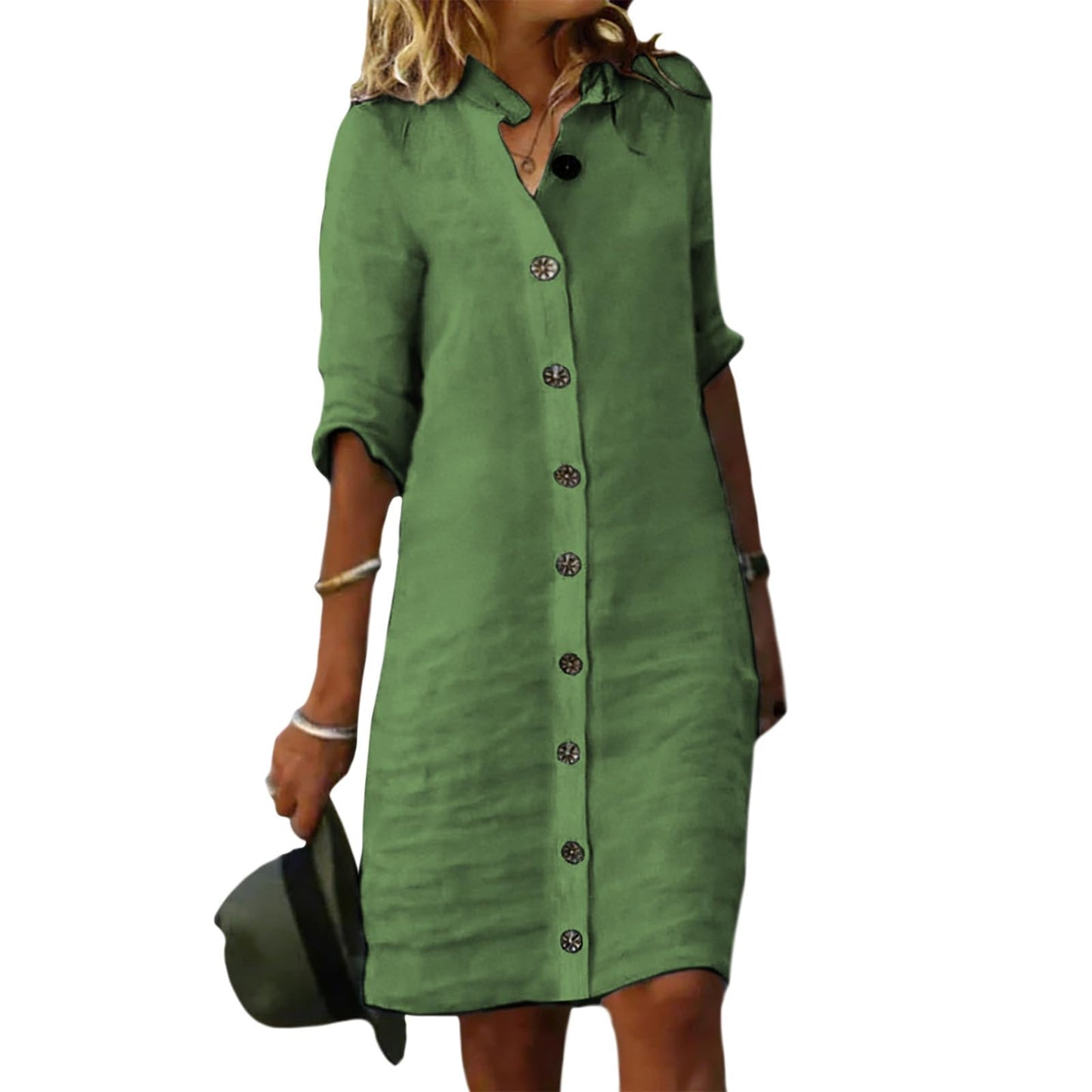GYMTSL Linen Button Down Midi Shirt Dress for Women, Elbow Sleeve Knee Length Loose Casual Spring Summer Linen Button Dress