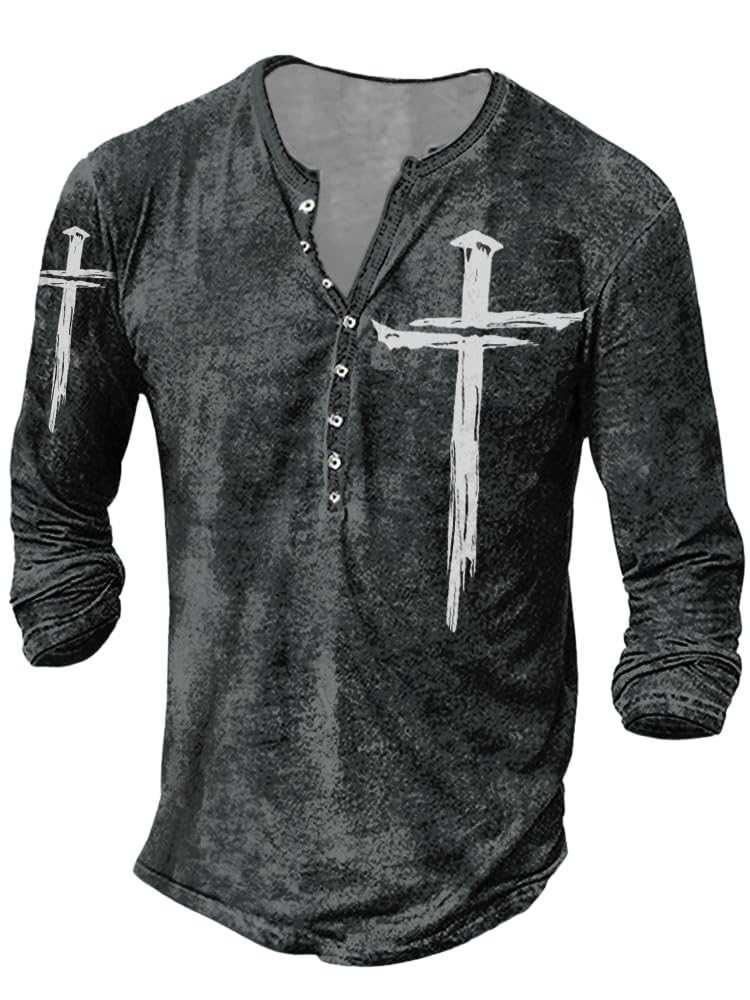 JiffPom Mens Henley Shirts Christian Shirt Jesus Cross Retro Long Sleeve Casual Button Down Washed T-Shirts Boy's Tops