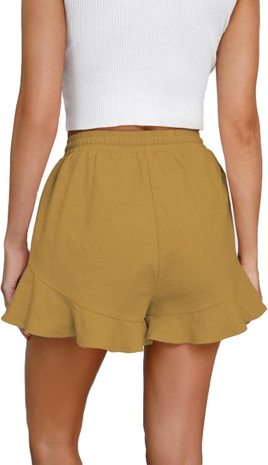 Befox Women Cotton Ruffle Shorts Summer Elastic Waist Drawstring Casual Short Pants with Pockets Flared Hem Lightweight
