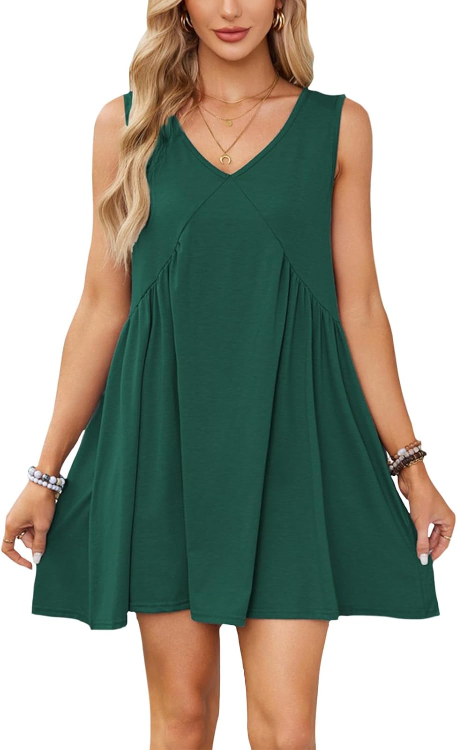 NAILONG Babydoll Mini Dress for Women, Pleated Flowy V Neck Tank Sleeveless Summer Swing Casual Beach Vacation Sun Dress