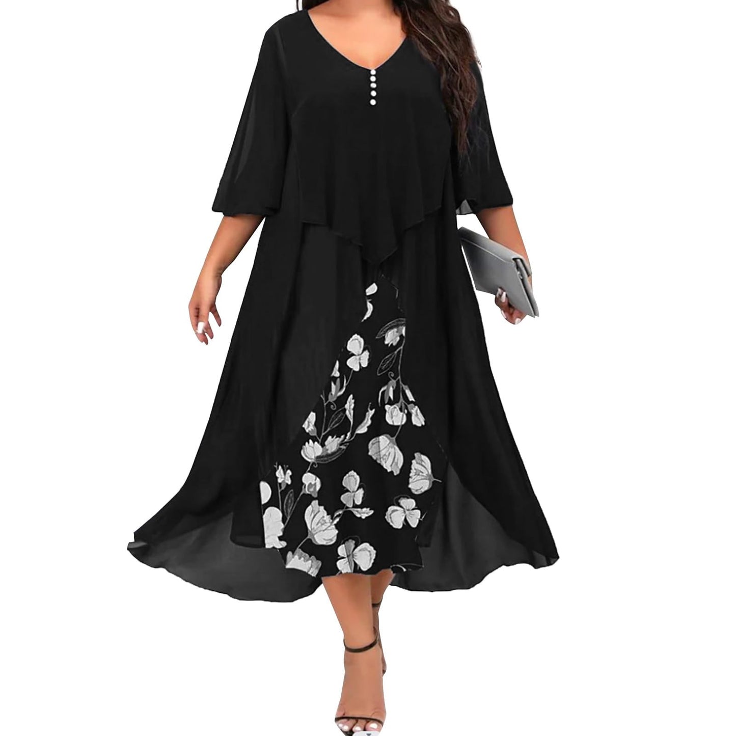 FONDBERYL Flowy Chiffon Floral Maxi Dress for Women V Neck Half Sleeve Ruffle Plus Size Elegant Cocktail Wedding Guest Dresses