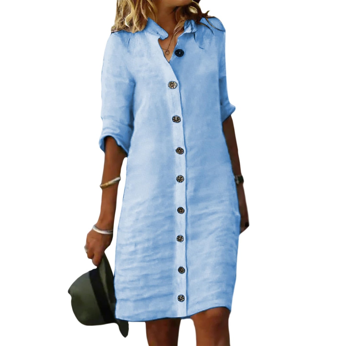 GYMTSL Linen Button Down Midi Shirt Dress for Women, Elbow Sleeve Knee Length Loose Casual Spring Summer Linen Button Dress