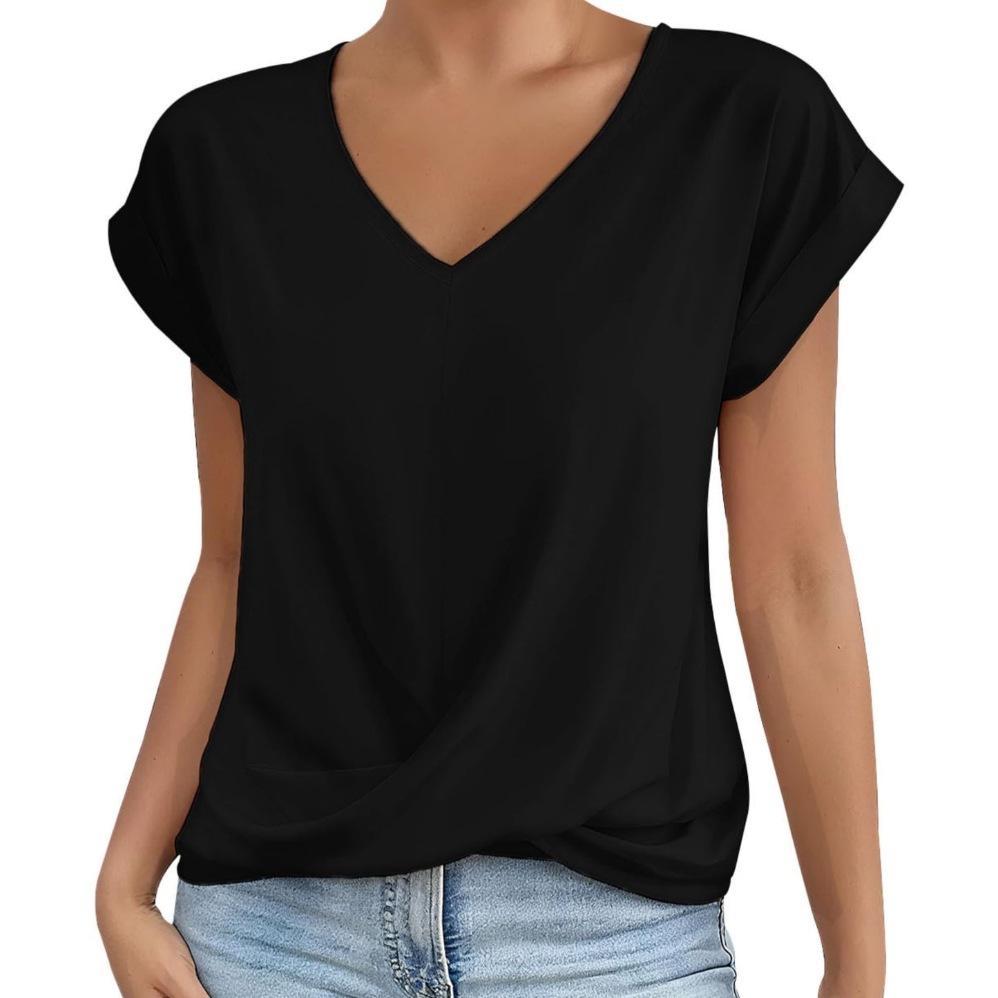 Alivebody Shirts for Women Summer Tops 2025 V Neck Blouse Short Sleeve Casual Polyester Fashion T-Shirts