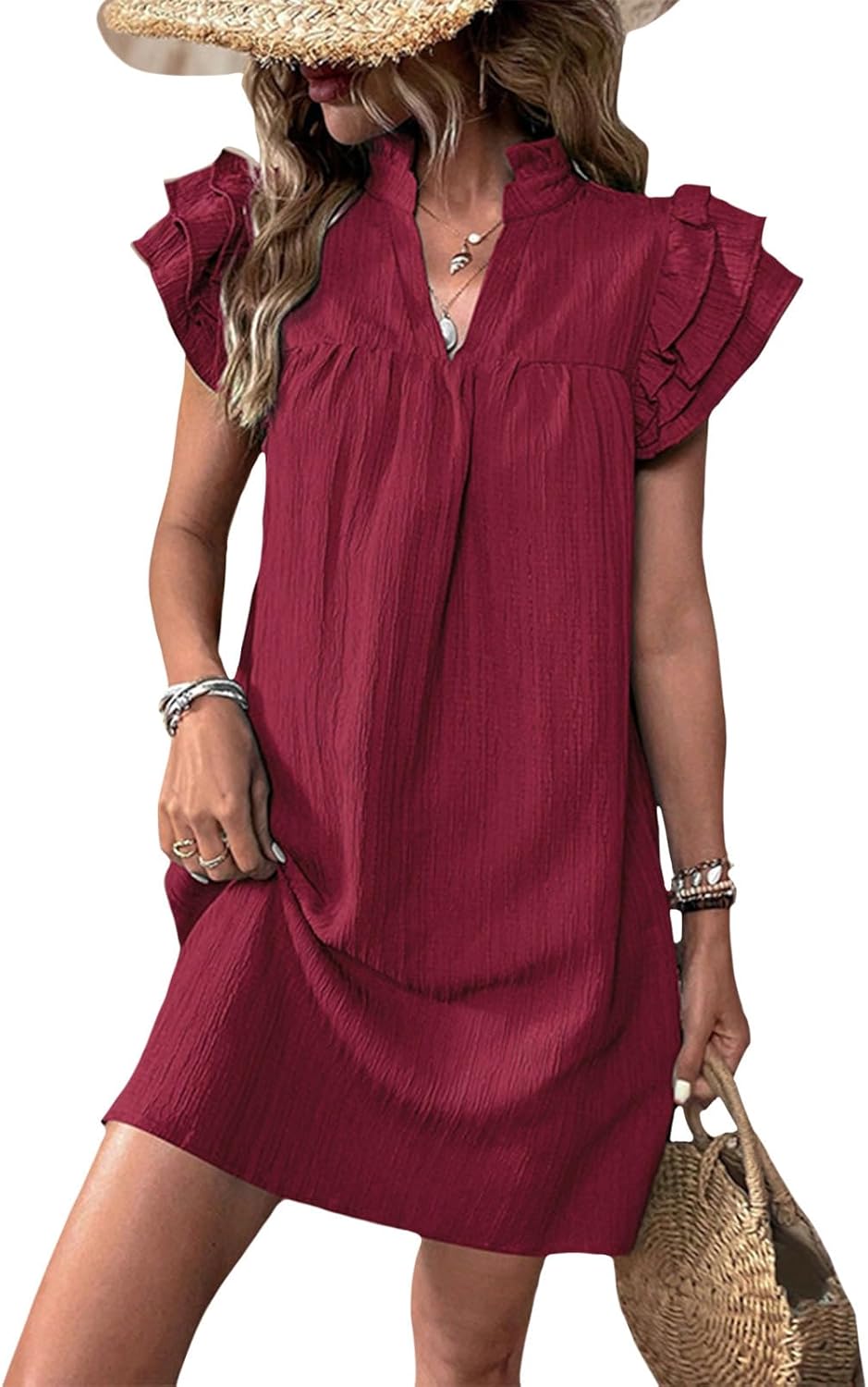 Gymrex Ruffle Sleeve Dress for Women V Neck Summer Casual Ruffle Short Sleeve A Line Mini Women Straight Dresses