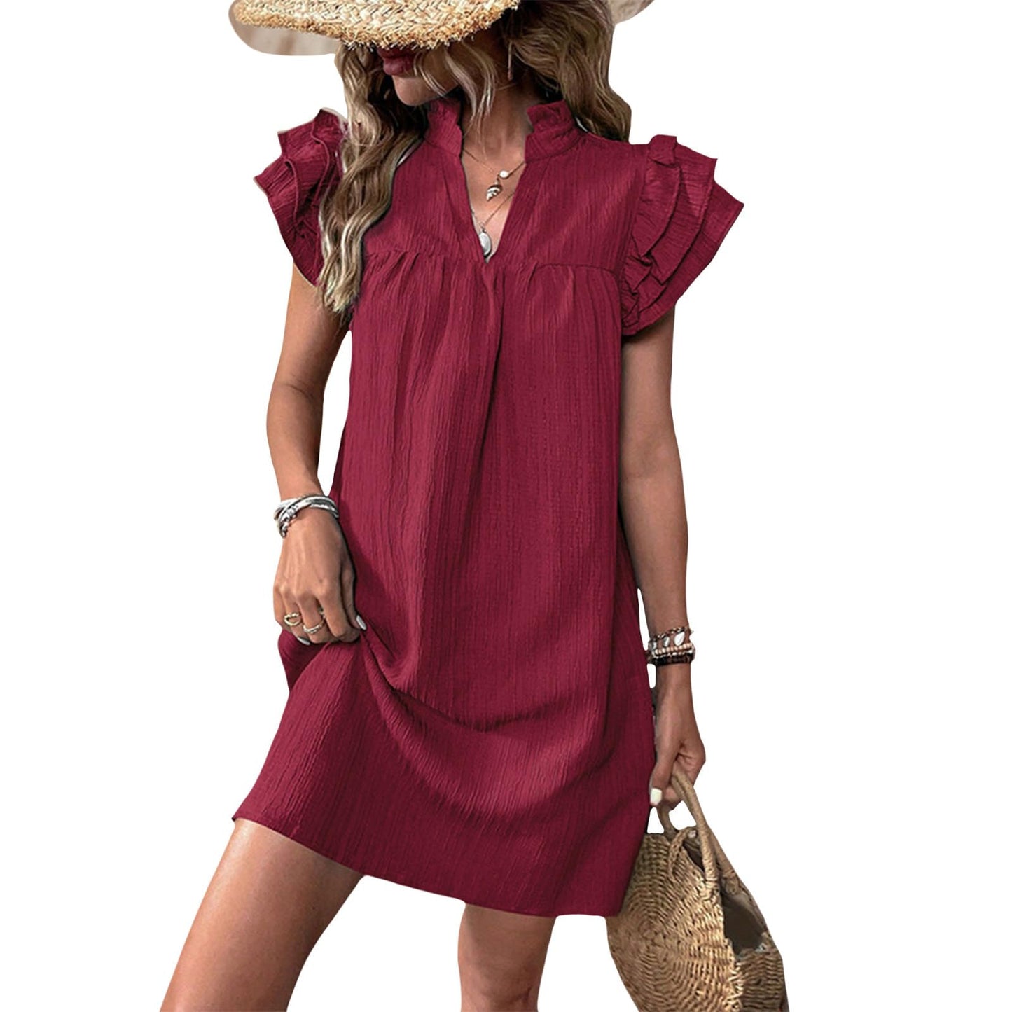 Gymrex Ruffle Sleeve Dress for Women V Neck Summer Casual Ruffle Short Sleeve A Line Mini Women Straight Dresses