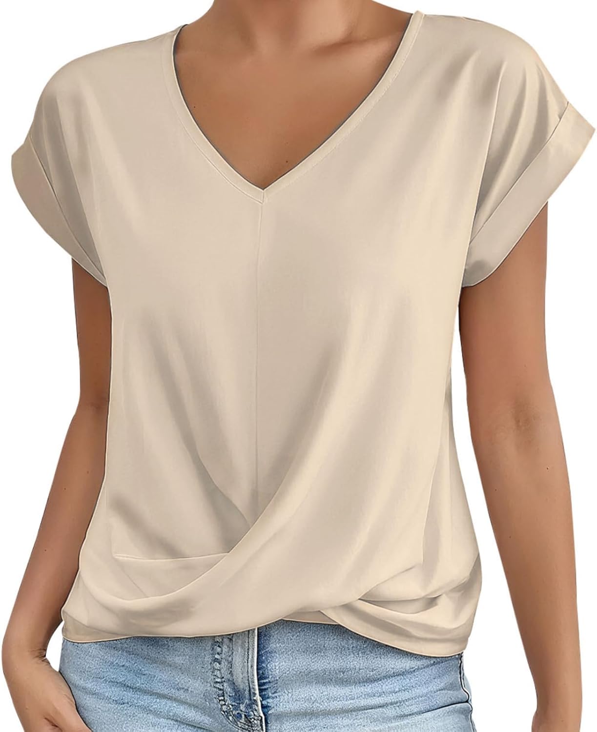 Alivebody Shirts for Women Summer Tops 2025 V Neck Blouse Short Sleeve Casual Polyester Fashion T-Shirts