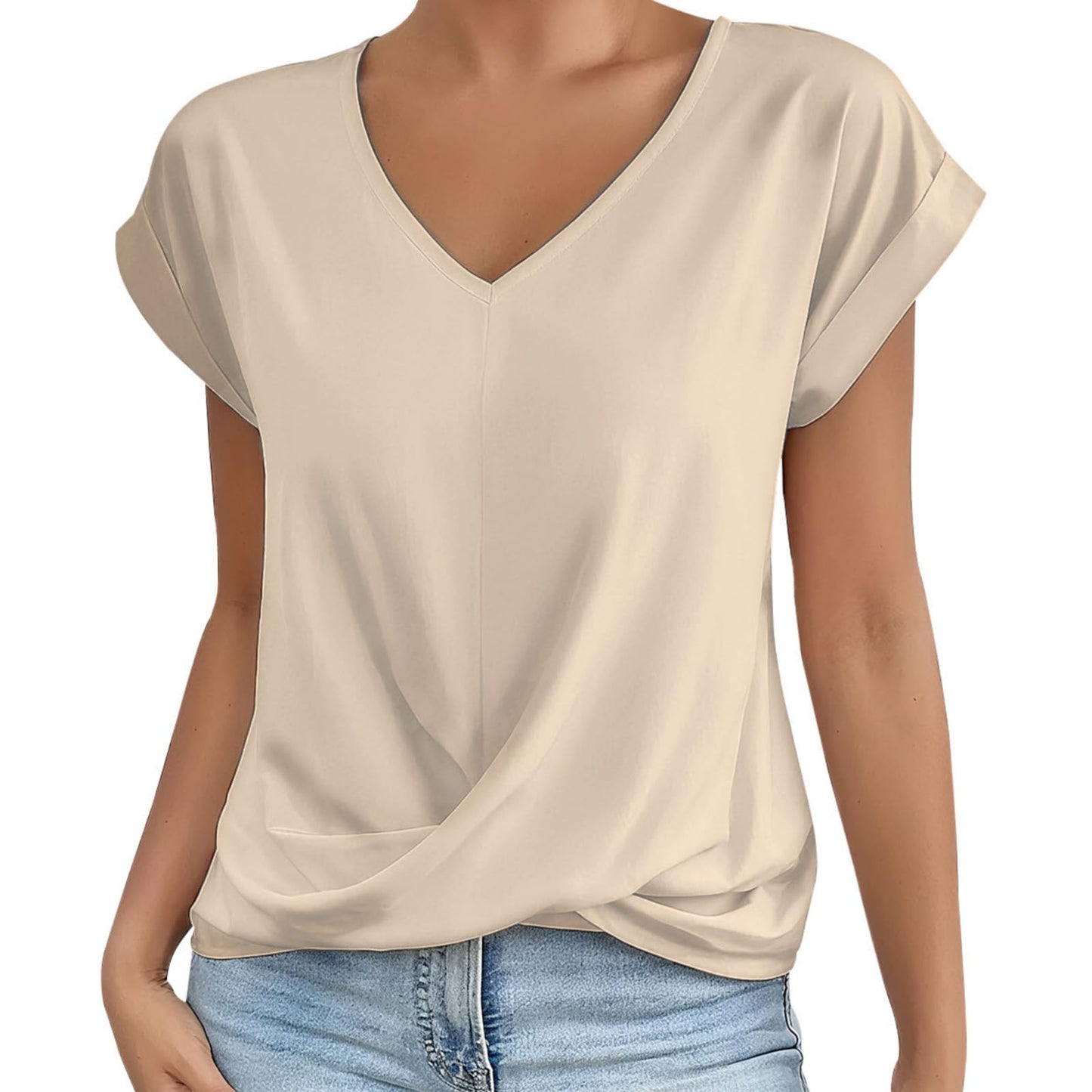 Alivebody Shirts for Women Summer Tops 2025 V Neck Blouse Short Sleeve Casual Polyester Fashion T-Shirts