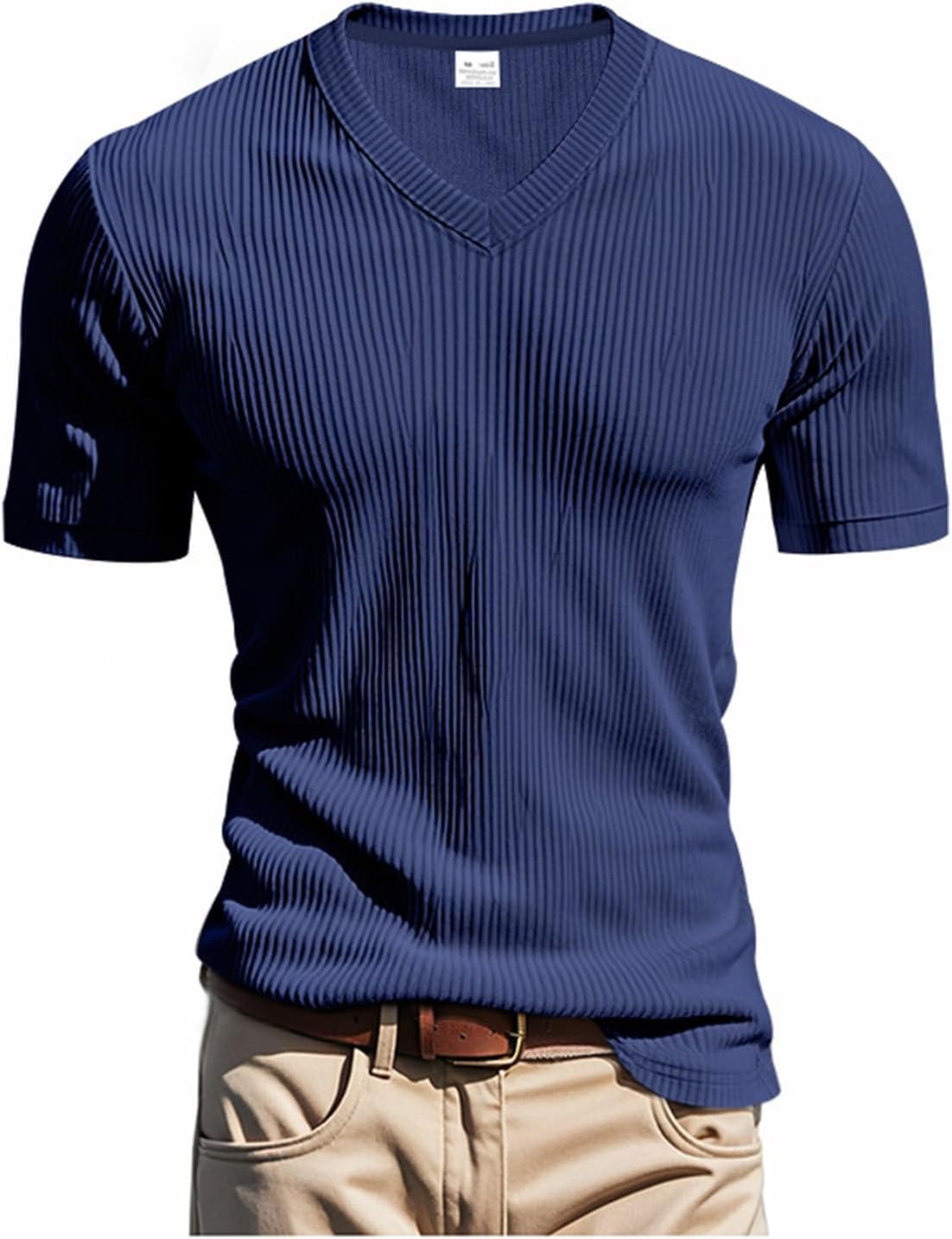 Reigee Slim Fit T Shirts for Men 2025 Spring V Neck Short Sleeve Ribbed Knit Corduroy Shirts Solid Casual Business Tops