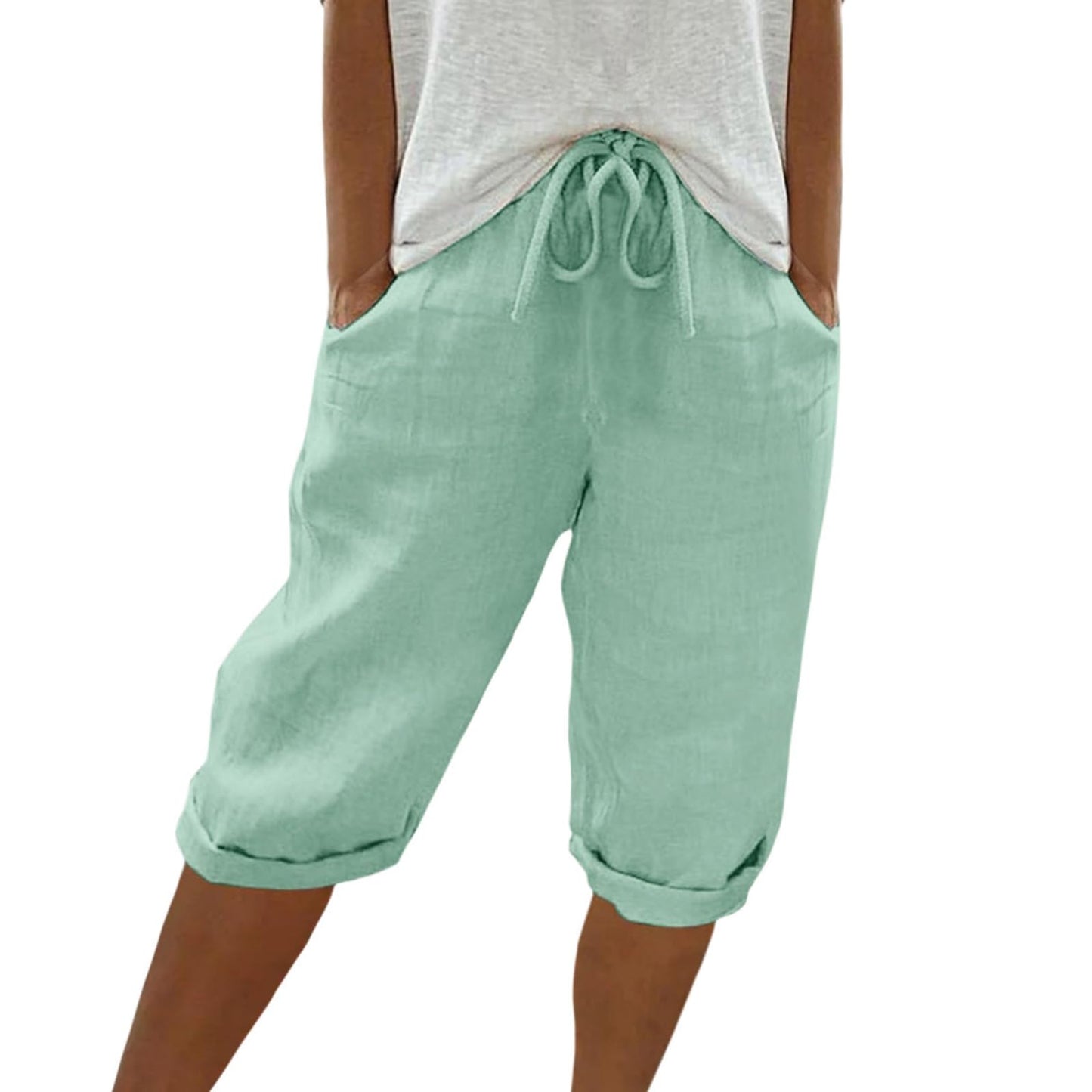FONDBERYL Womens Cotton Linen Shorts Knee Length Drawstring Elastic Waist Summer Casual Gym Going Out Shorts with Pockets