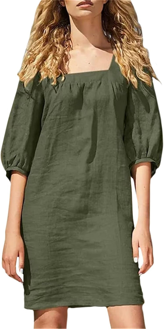 NAILONG Linen Mini Dress Women, Short Puff Sleeve Square Neck Elbow Sleeve Summer Casual Loose Beach Vacation Dress 2026