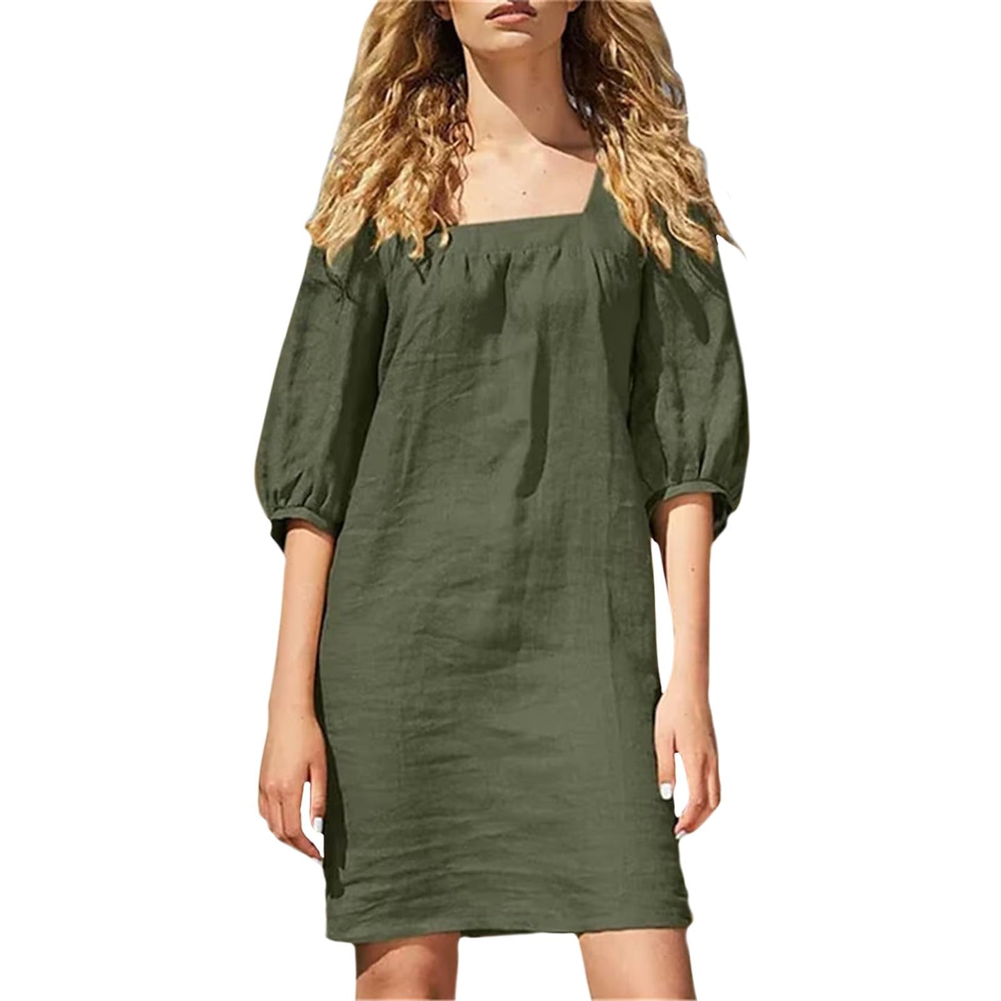 NAILONG Linen Mini Dress Women, Short Puff Sleeve Square Neck Elbow Sleeve Summer Casual Loose Beach Vacation Dress 2026