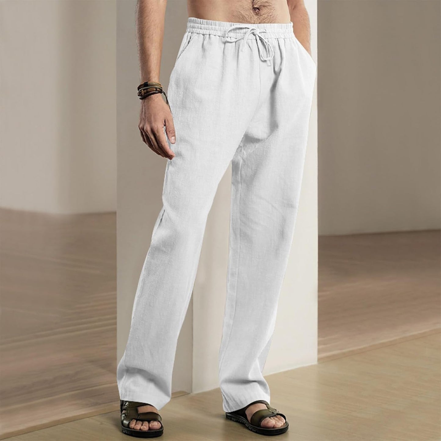 Befox Men Linen Pants,Casual Lightweight Loose Fit Elastic Drawstring Waist Loose Trousers Summer Beach Pants