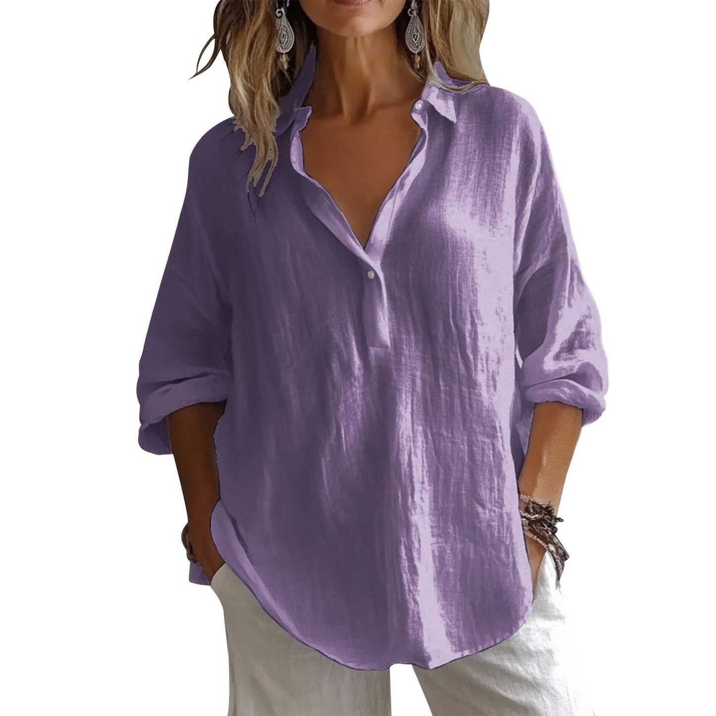 gukoo Womens Linen Shirts 3/4 Sleeve Blouses Casual V Neck Collar Shirt Trendy Tops Solid Color Summer Clothes