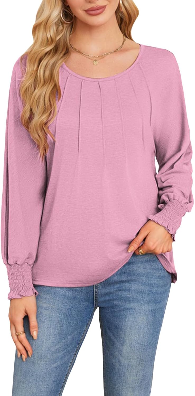 Befox Women's Pleated Tops, Crewneck Long Sleeve Blouse Tunic T-Shirt 2026 Spring Fall Trendy Casual Loose Pleated Shirts