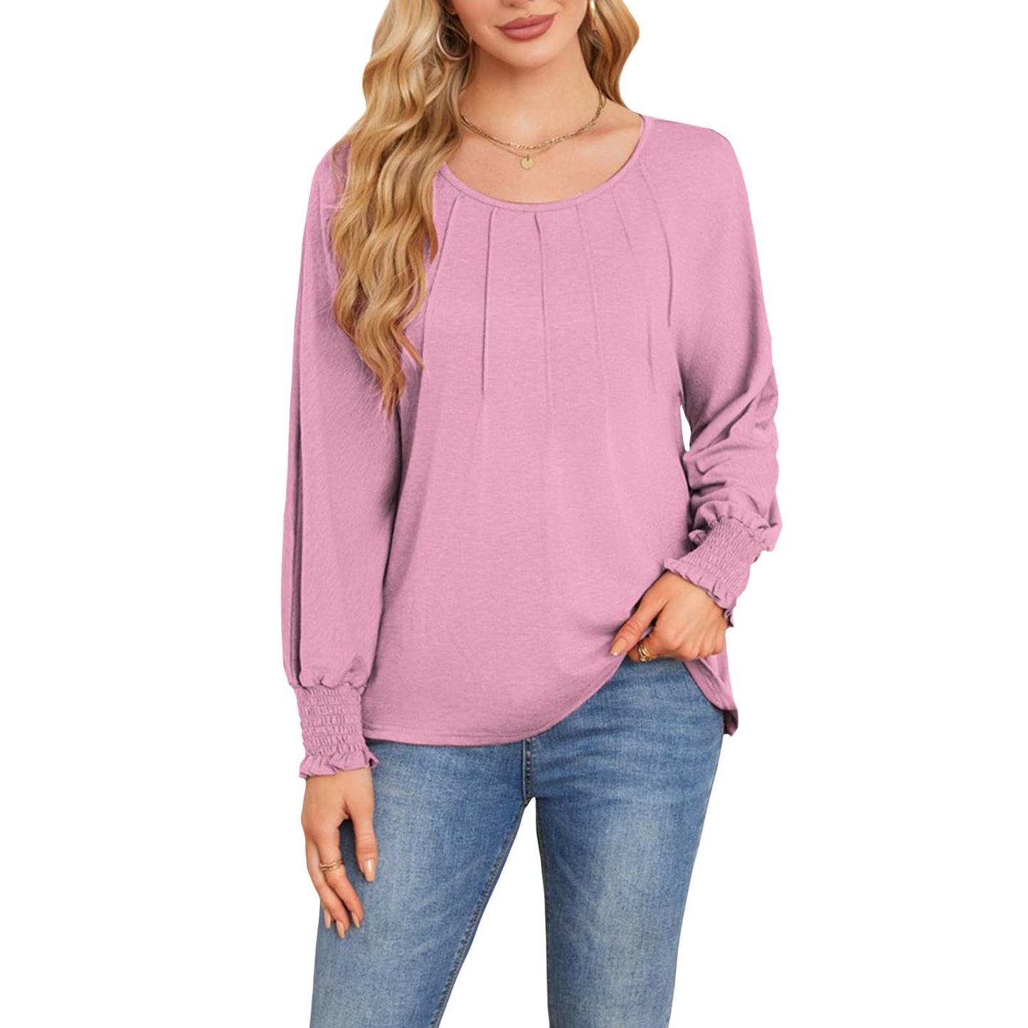 Befox Women's Pleated Tops, Crewneck Long Sleeve Blouse Tunic T-Shirt 2026 Spring Fall Trendy Casual Loose Pleated Shirts
