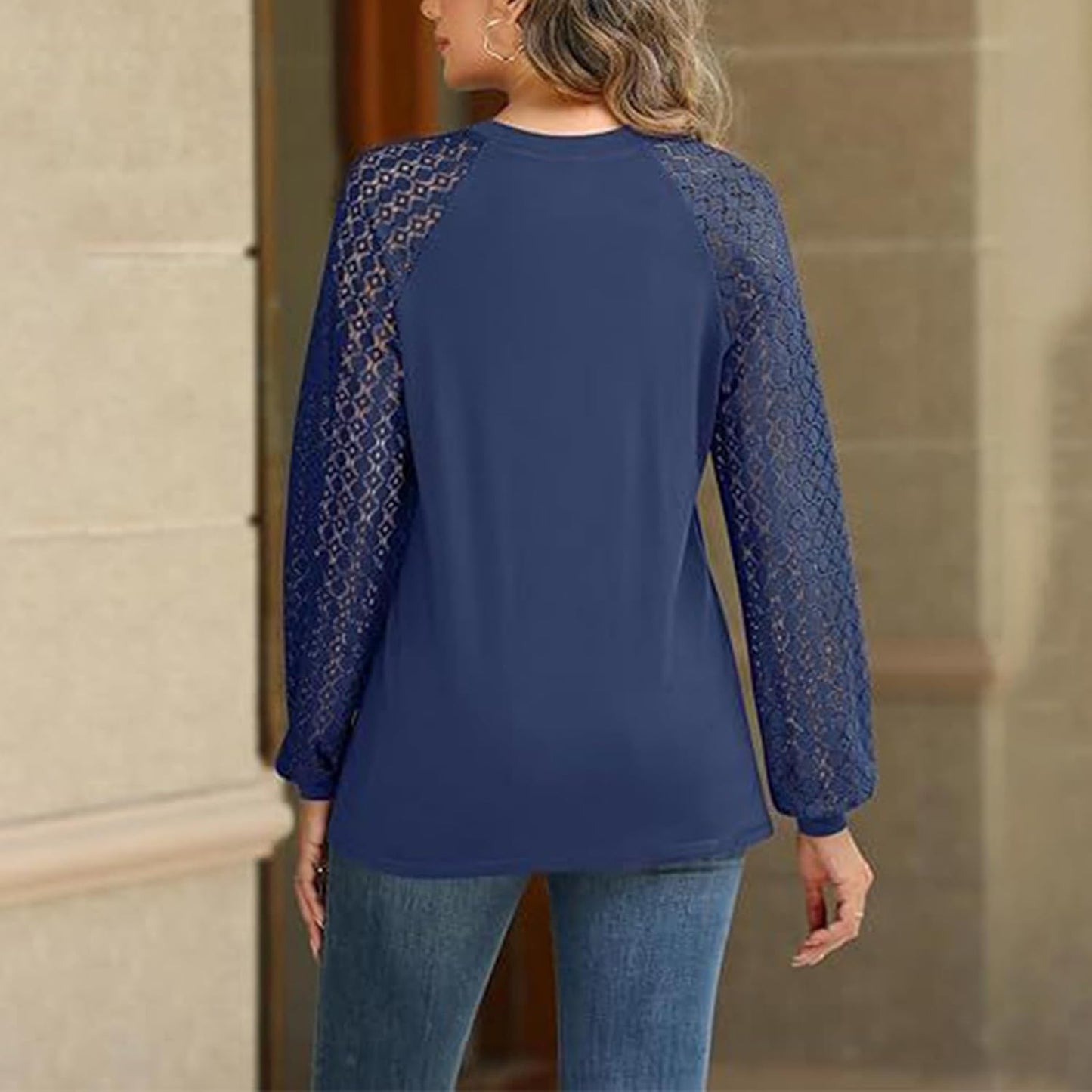 GYMBULL Lace Sleeve Tops for Women Pleated Crew Neck Shirt Dressy Casual Spring Fall Fashion 2026 Trendy Pleated Blouse