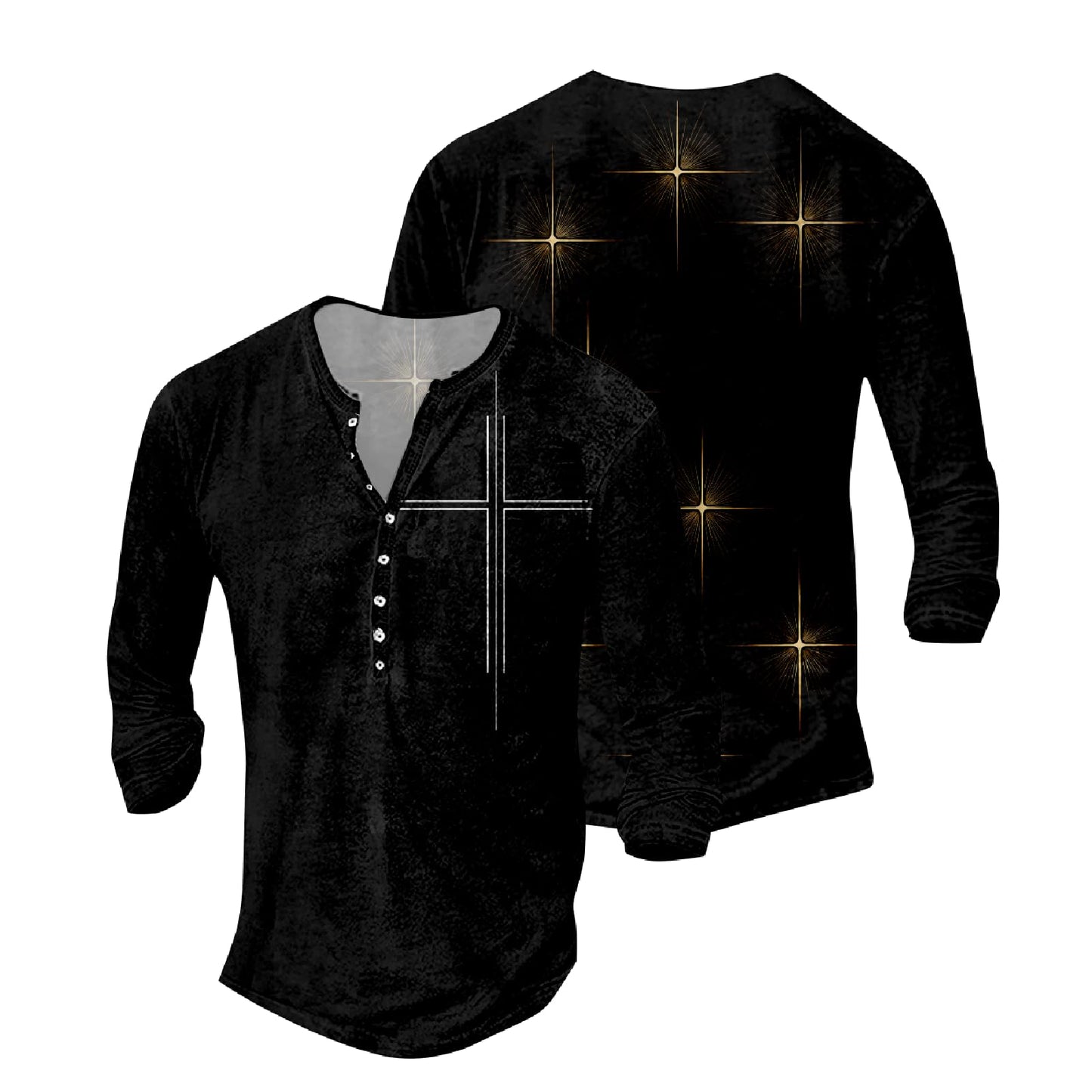 JiffPom Mens Christian Faith Long Sleeves Silky Henley Shirt Cool Jesus Cross Print Casual Button Down Polo Shirts