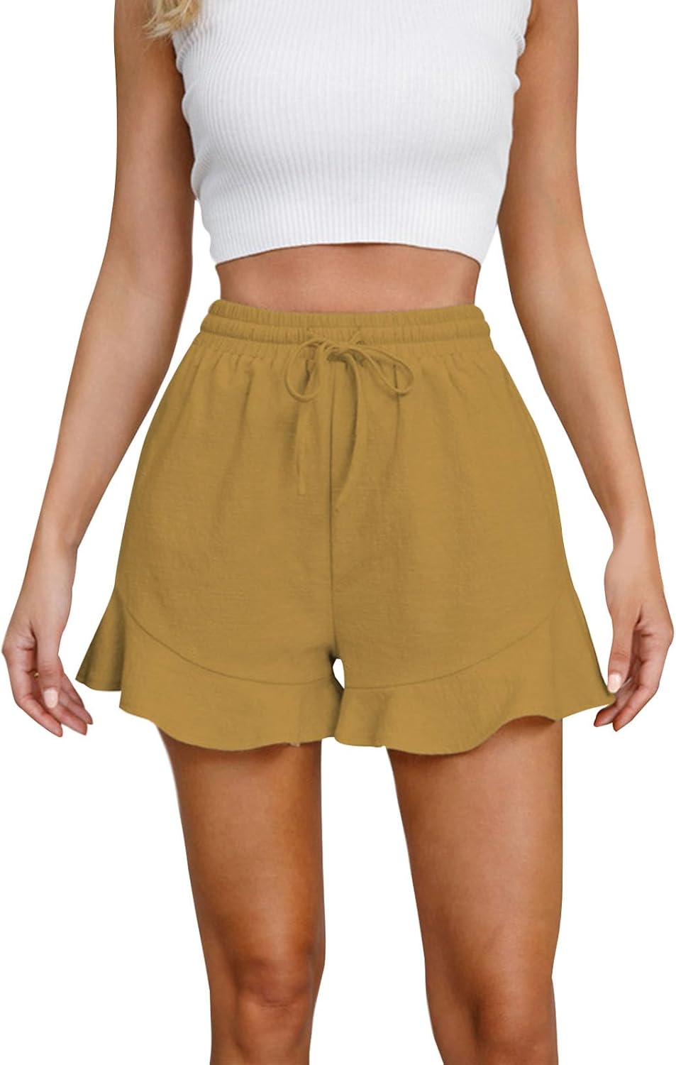 Befox Women Cotton Ruffle Shorts Summer Elastic Waist Drawstring Casual Short Pants with Pockets Flared Hem Lightweight