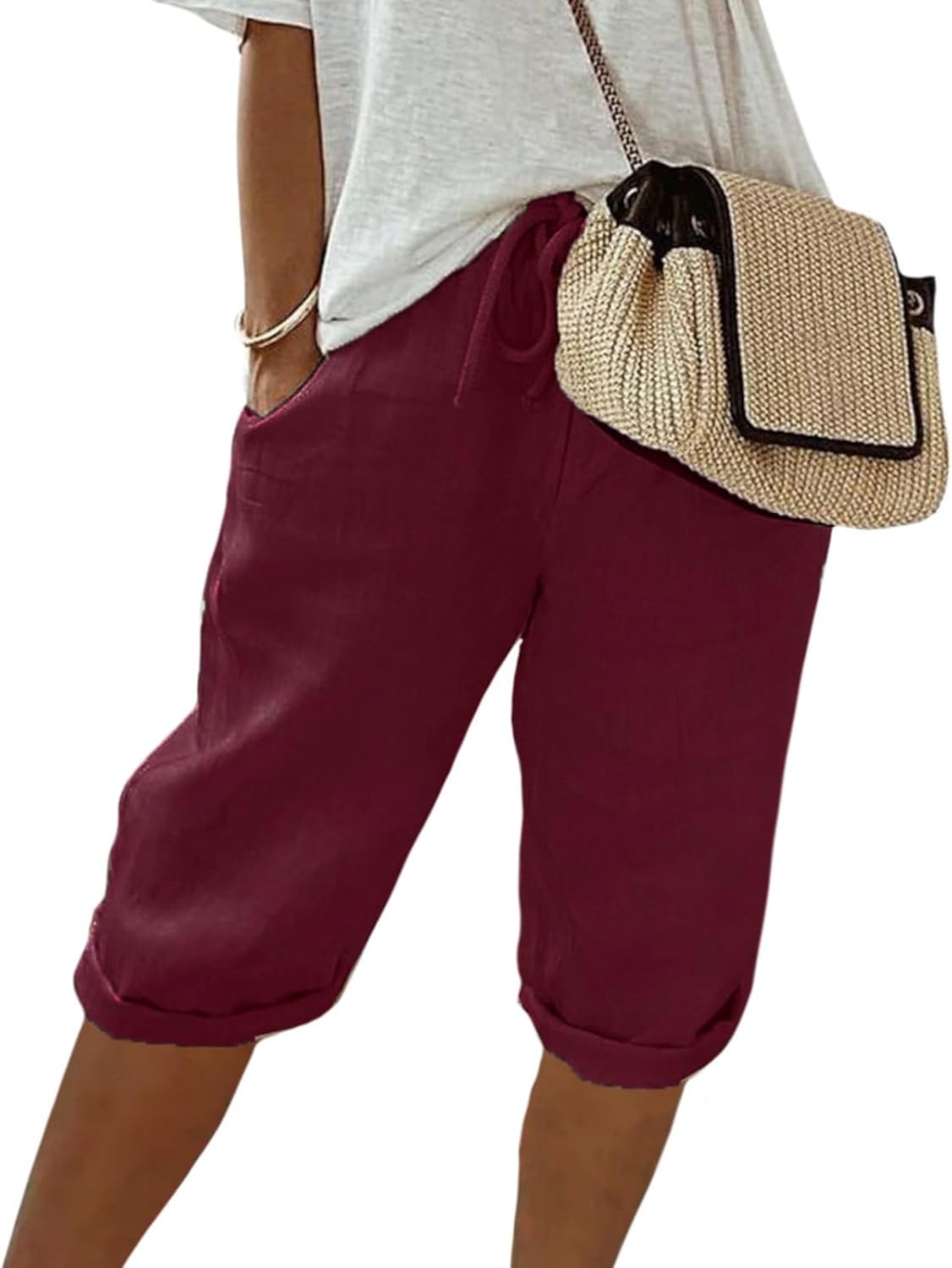 FONDBERYL Womens Cotton Linen Shorts Knee Length Drawstring Elastic Waist Summer Casual Gym Going Out Shorts with Pockets