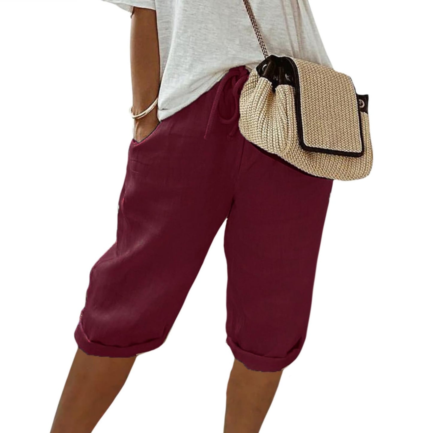 FONDBERYL Womens Cotton Linen Shorts Knee Length Drawstring Elastic Waist Summer Casual Gym Going Out Shorts with Pockets