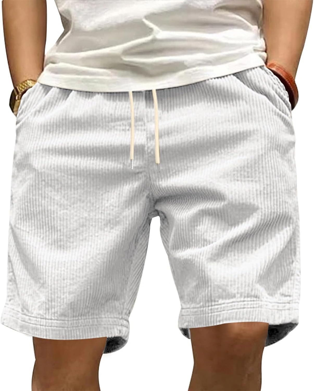 GYMTANK Casual Shorts for Men Solid Corduroy Lightweight Summer Casual Classic Drawstring Waisted Bermuda Shorts with Pockets