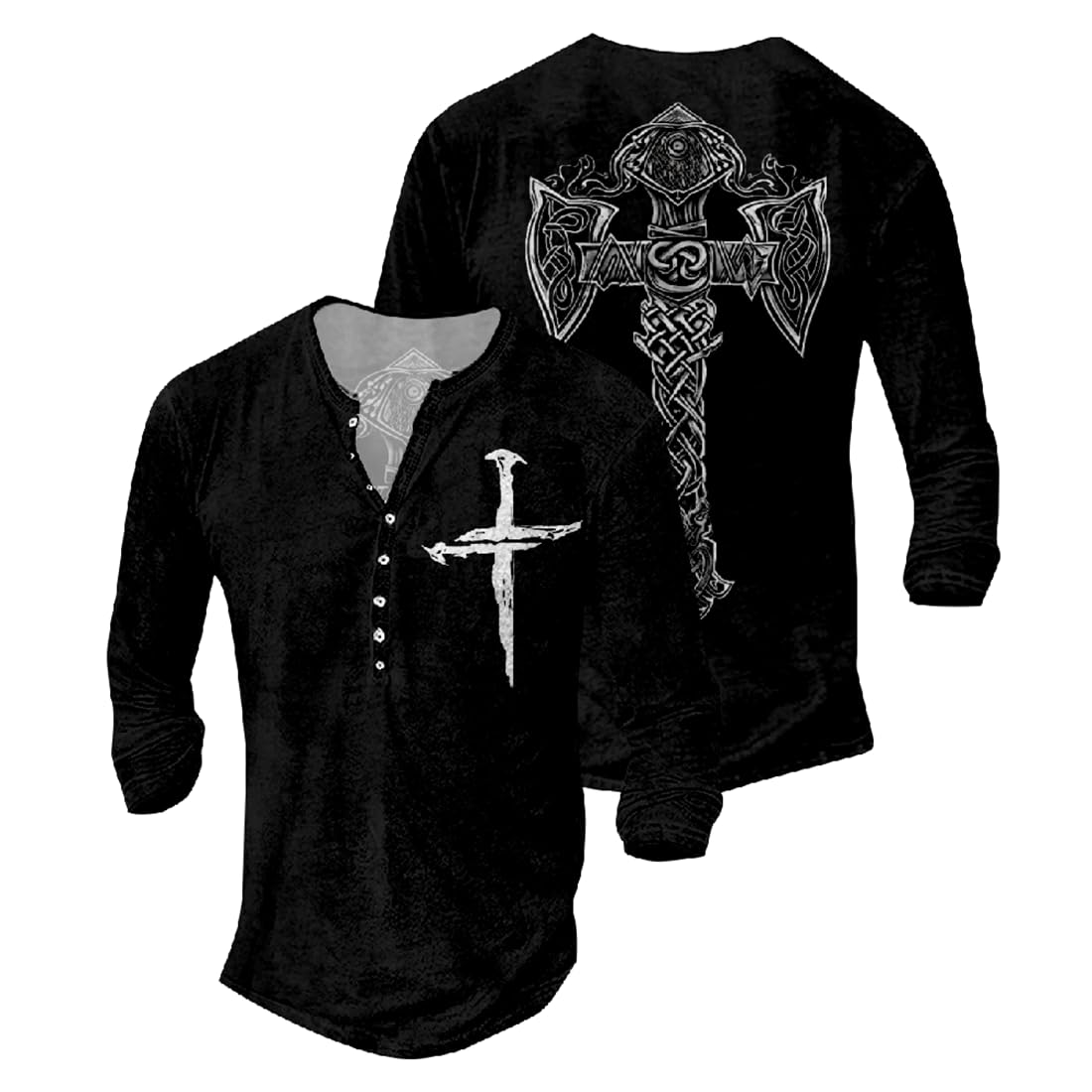 JiffPom Jesus Shirts for Men Distressed Henley Shirts Retro Cross Shirt Long Sleeve Shirt V Neck Button Down Washed T-Shirts