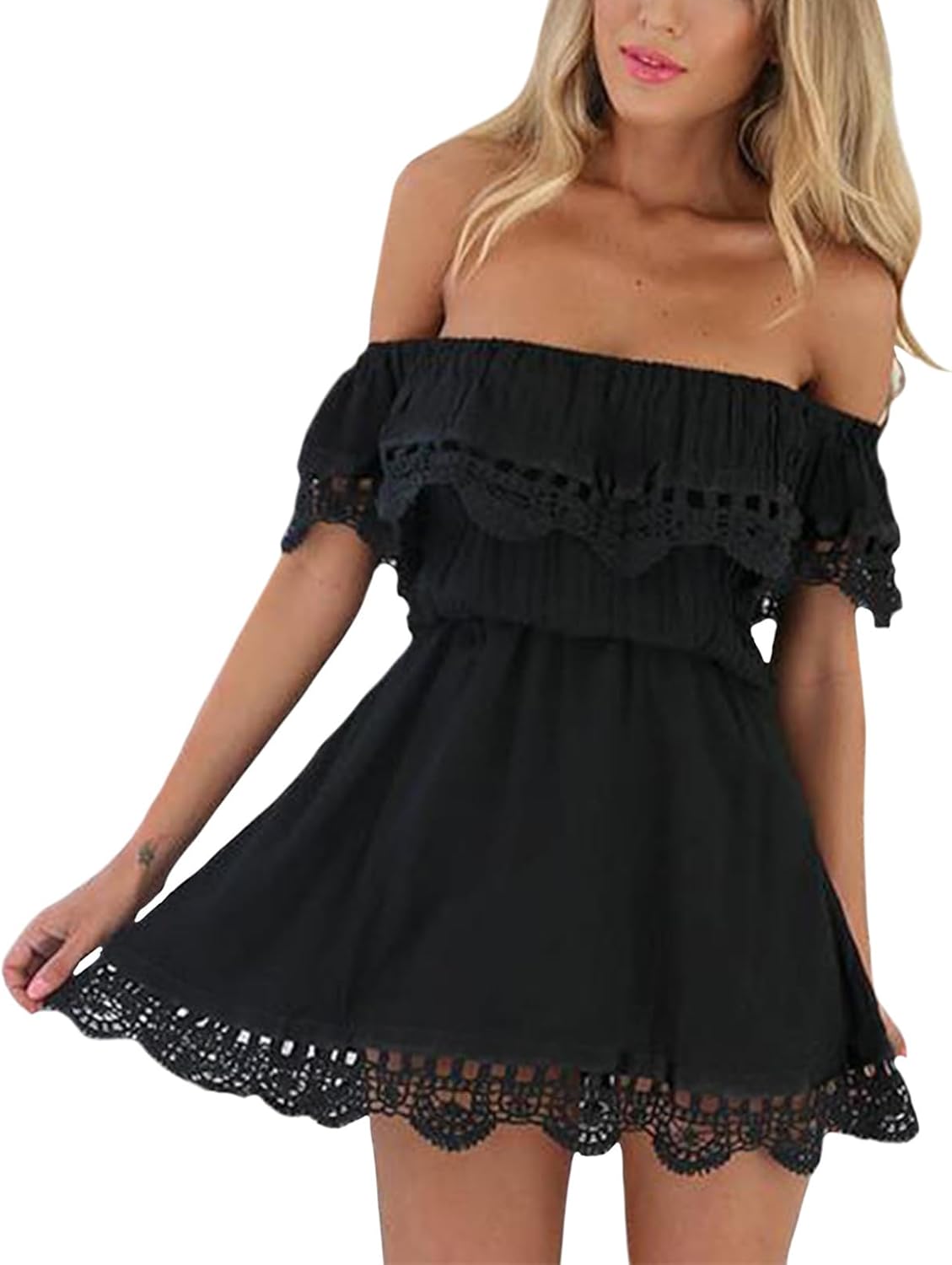 Bejirog Off The Shoulder Mini Dress for Women Lace Trim Elegant Casual Short Summer Wedding Guest & Party Dresses