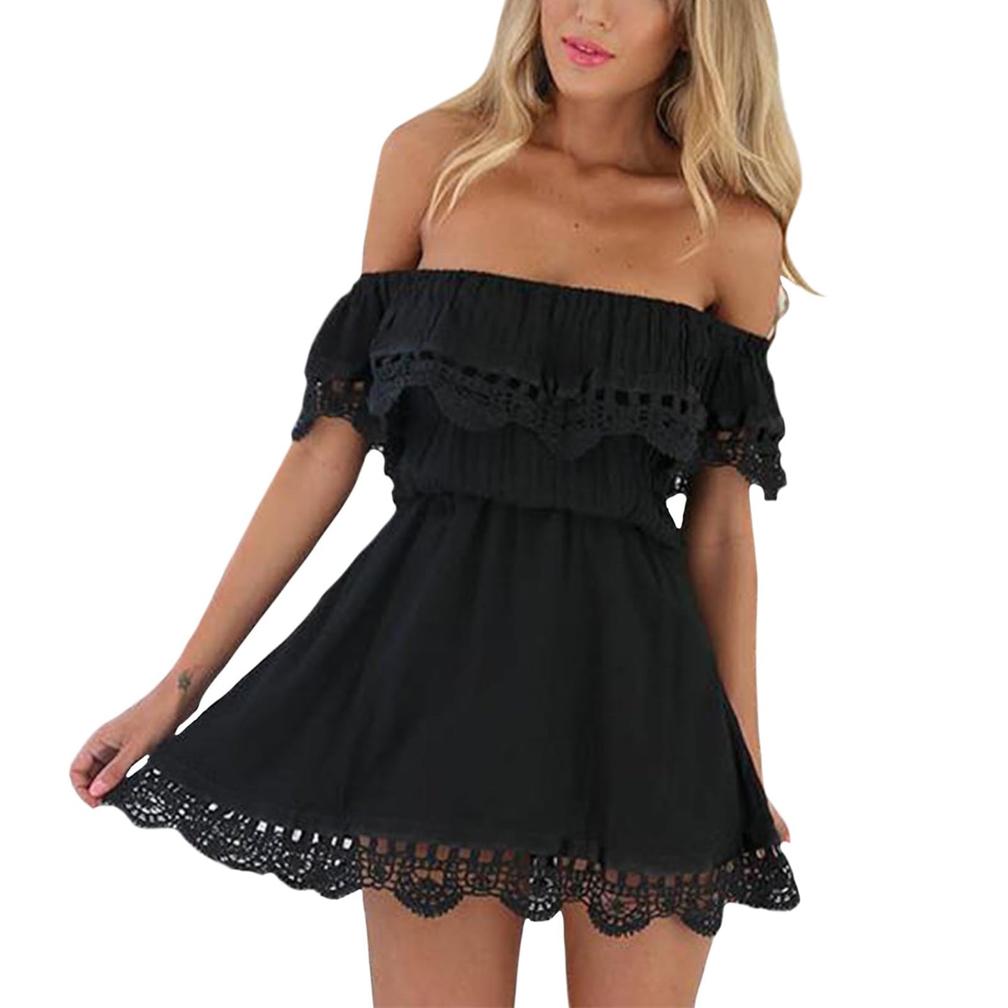 Bejirog Off The Shoulder Mini Dress for Women Lace Trim Elegant Casual Short Summer Wedding Guest & Party Dresses