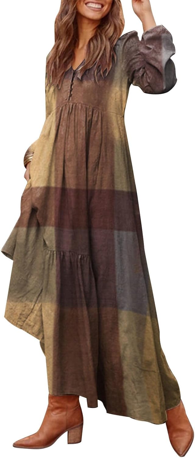 Alivebody Vintage Dresses for Women, Long Sleeve High Waisted Swing Retro Ethnic Boho Casual V Neck Maxi Dress with Pockets
